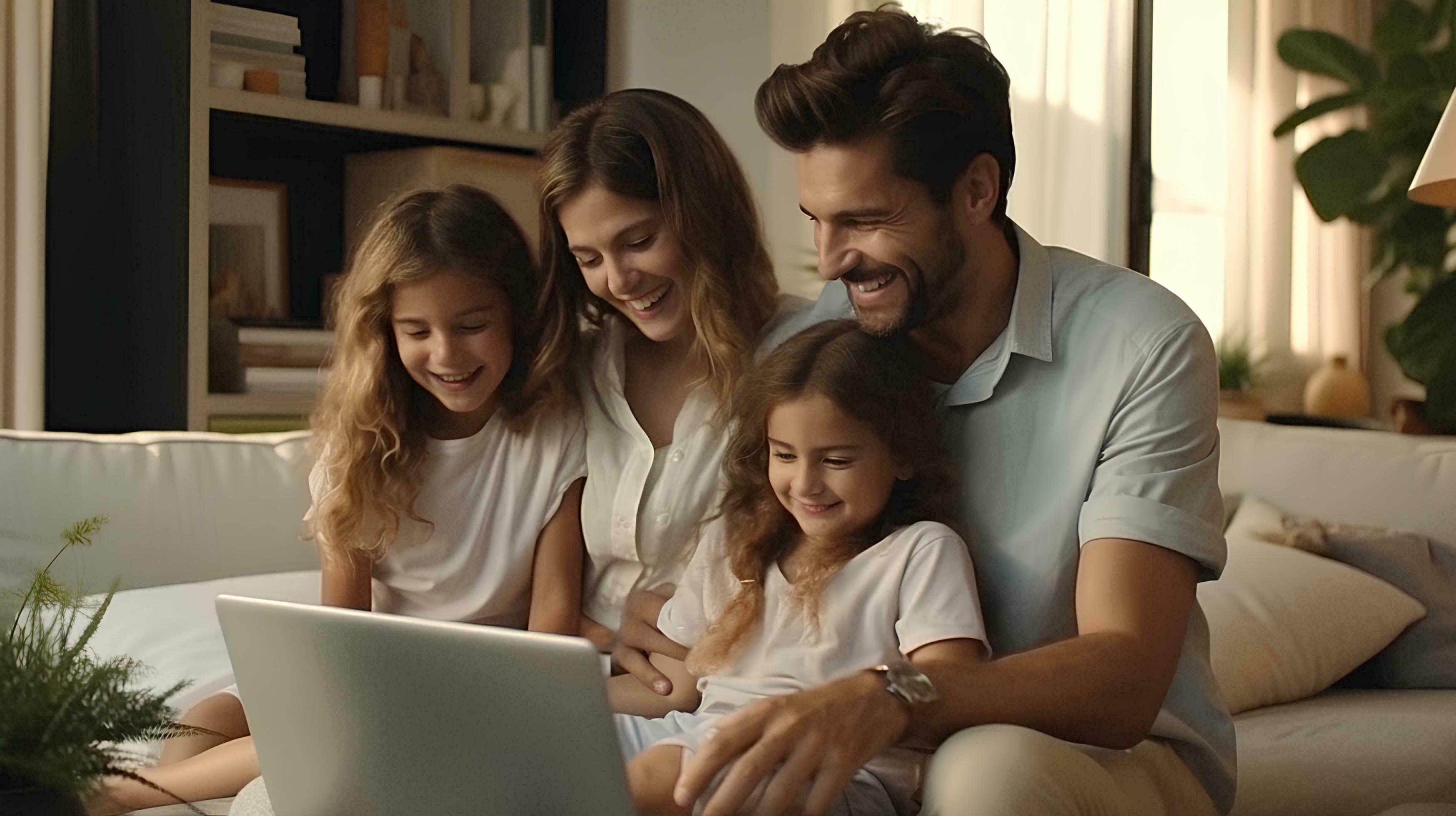 Family of father, mother and 2 daughters learning on laptop On the sofa in the living room at home.created by generative AI Stock Free