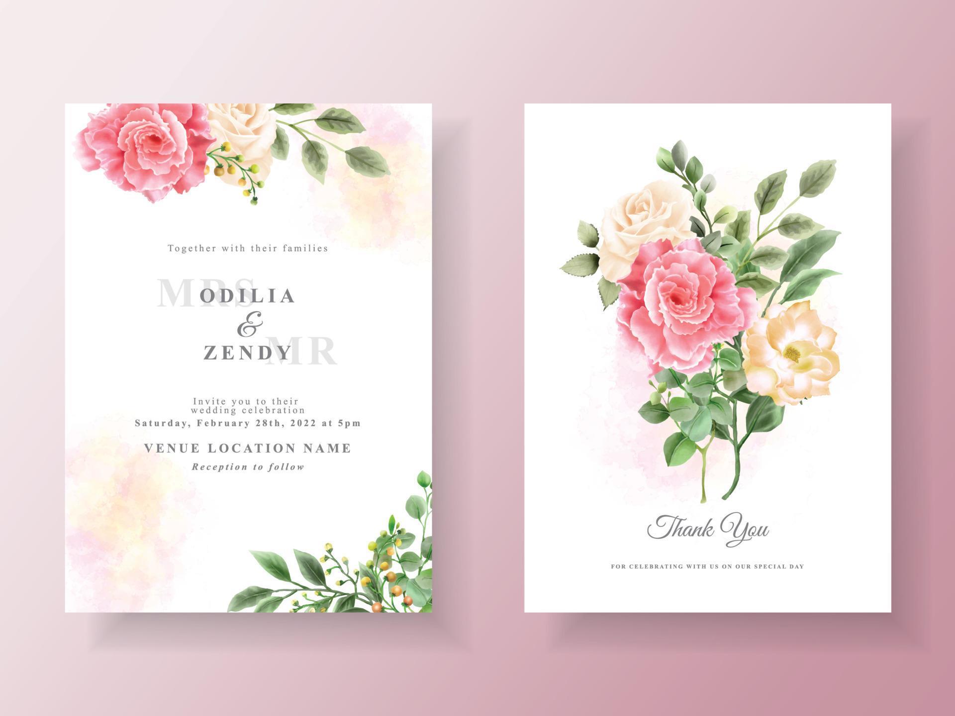 Beautiful pink and yellow flowers wedding invitation card Stock Free