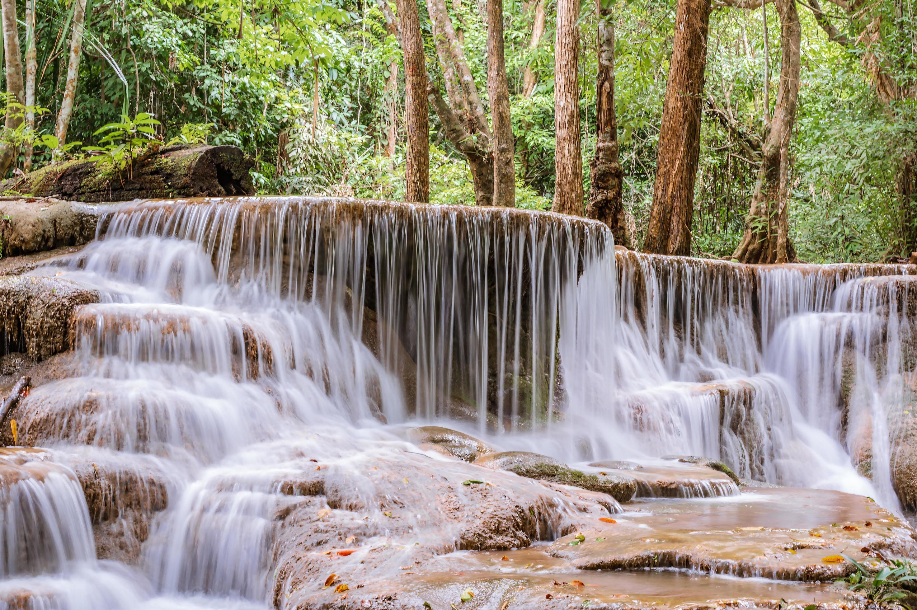 Landscape of Huai mae khamin waterfall Srinakarin national park at Kanchanaburi thailand.Huai mae khamin waterfall sixth floor Dong Phi Sue Stock Free