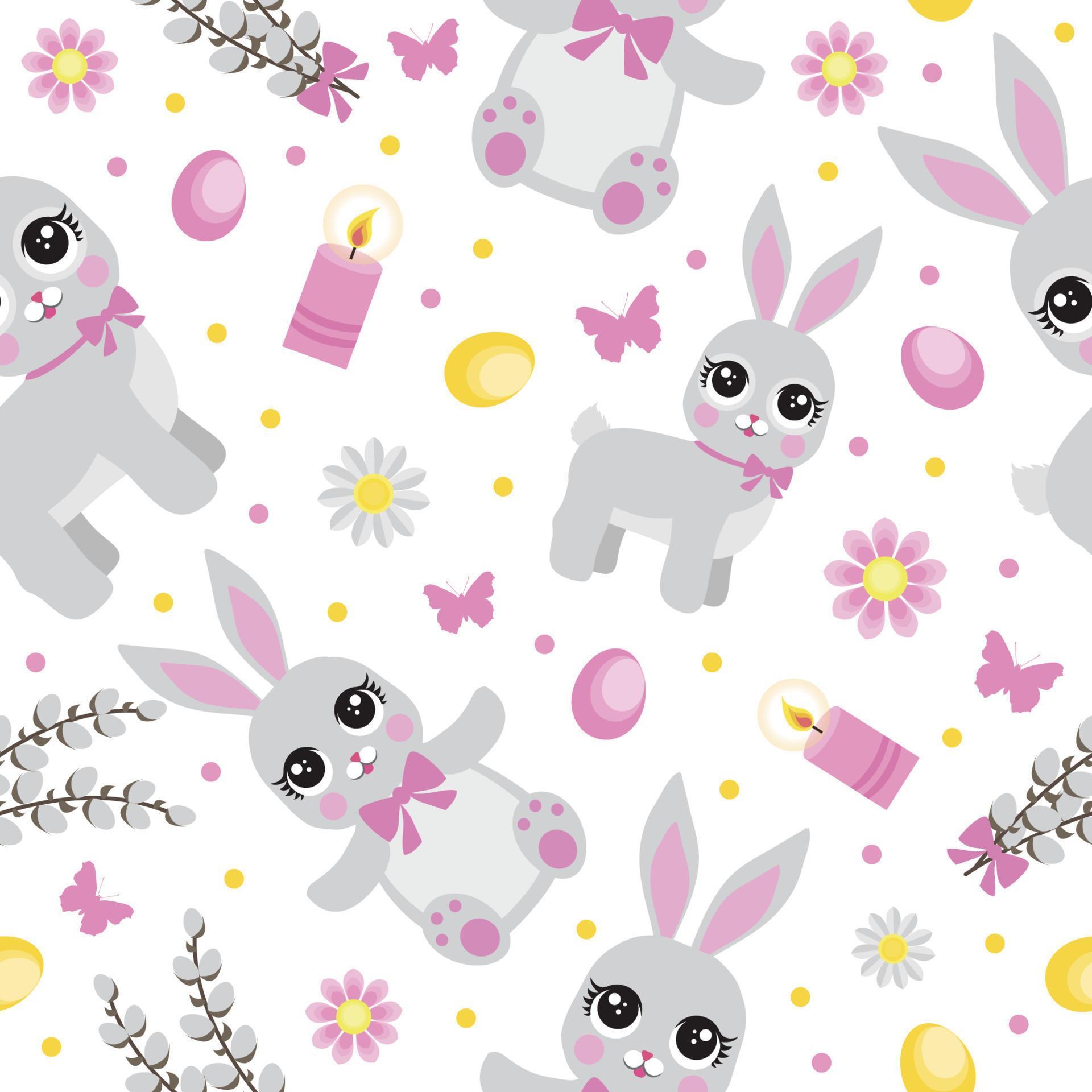 Easter seamless pattern with flowers, butterflies, rabbit and eggs. Spring cute repeating textures. Stock Free