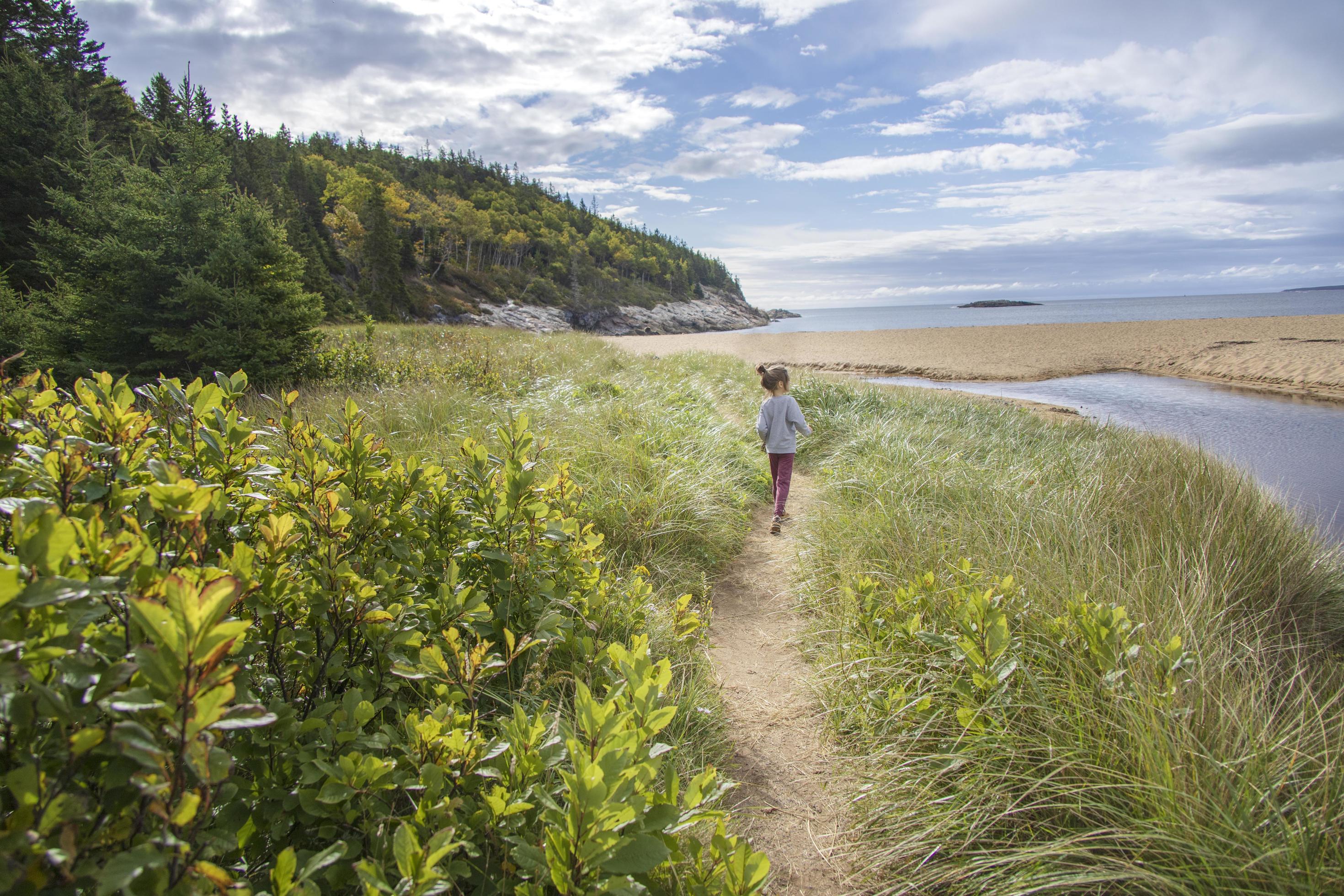 Little girl walking on a sandy path near the ocean Stock Free