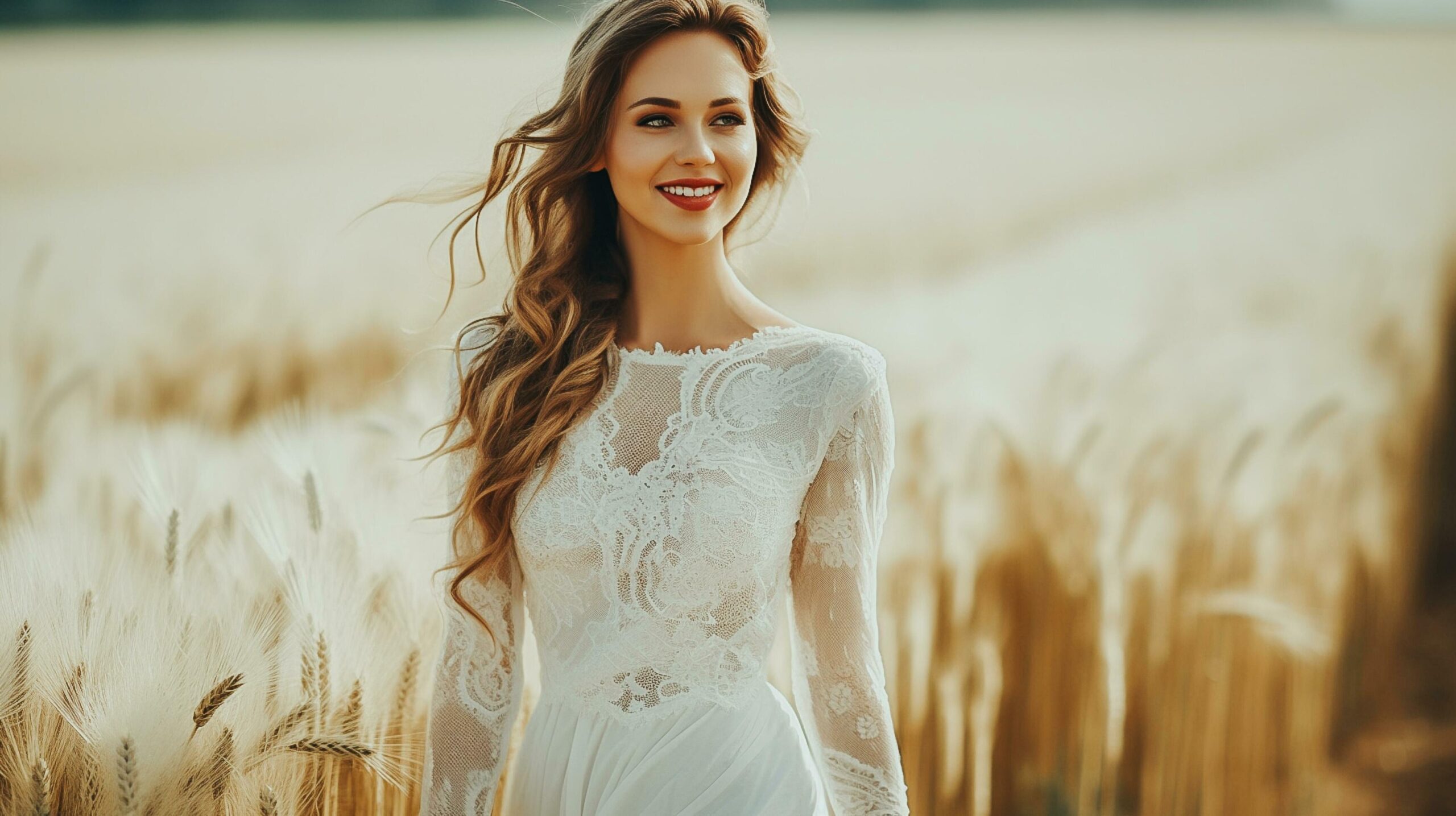 Beautiful Woman with Blonde Hair happy and smiling in a White Dress on a wheat field AI Generated Free Photo