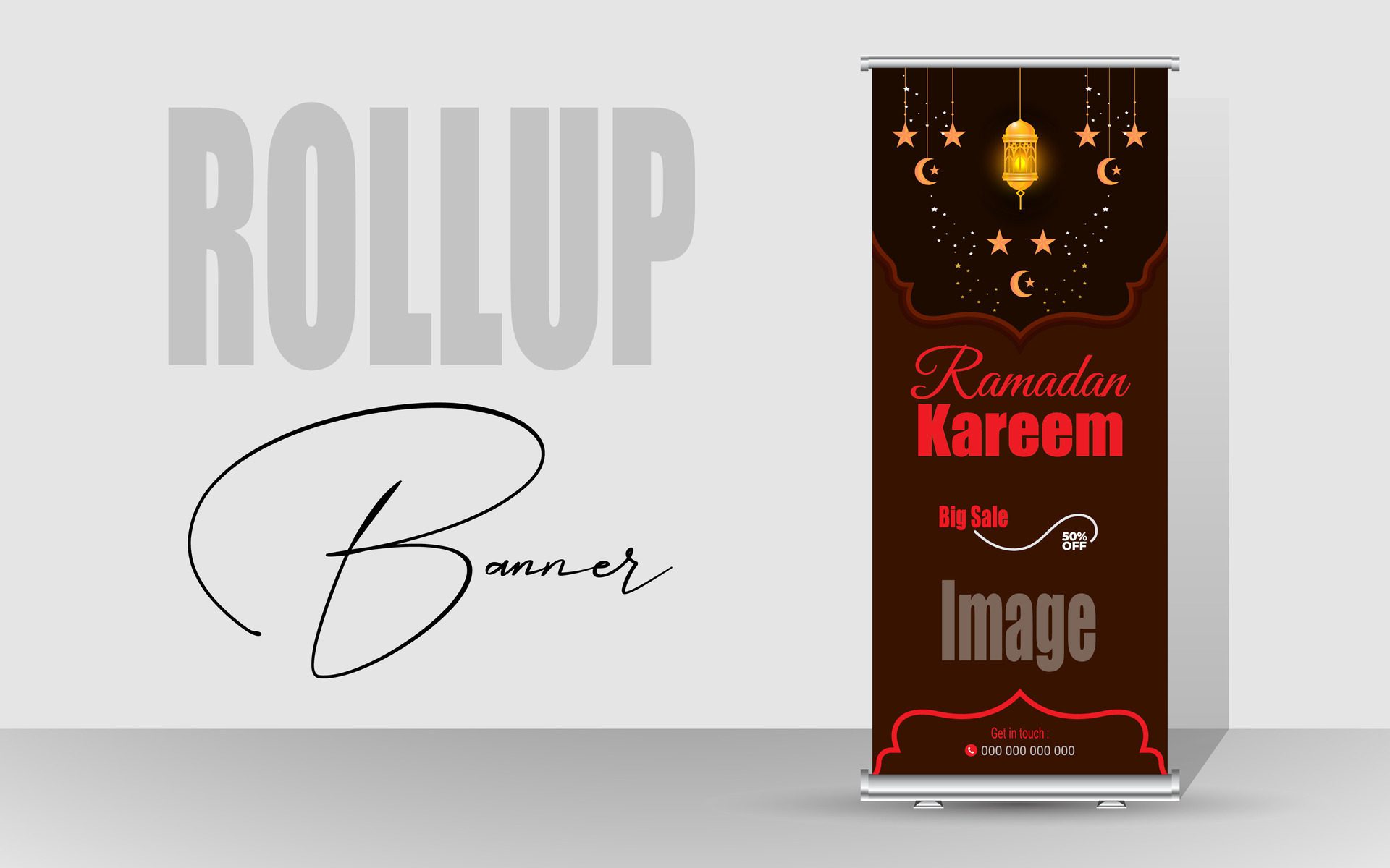 Roll up banner with a happy Ramadan design. unique meal banner for Ramadan. Rollup template for food menus. Free Vector