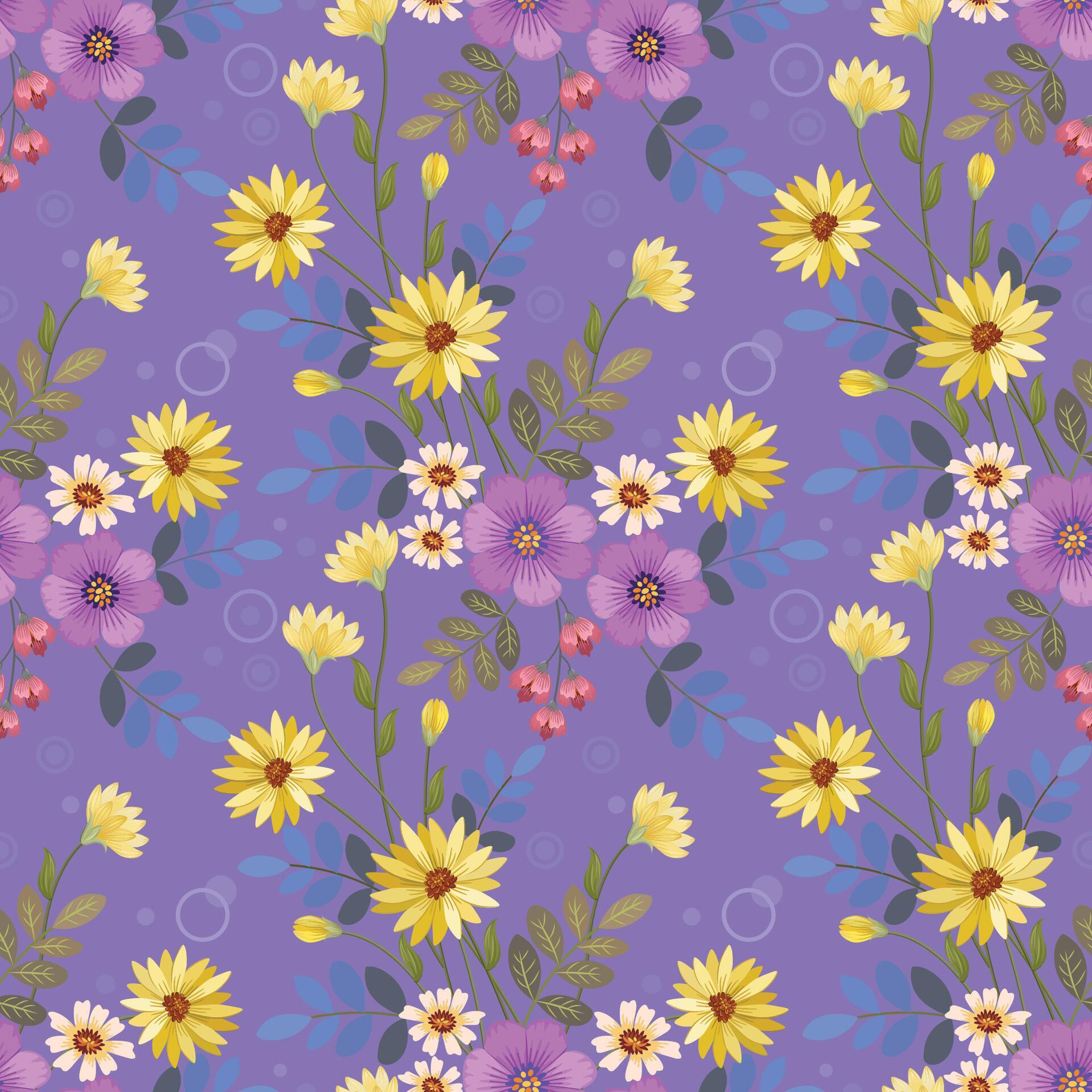 Cute colorful flowers on purple color background seamless pattern. Stock Free