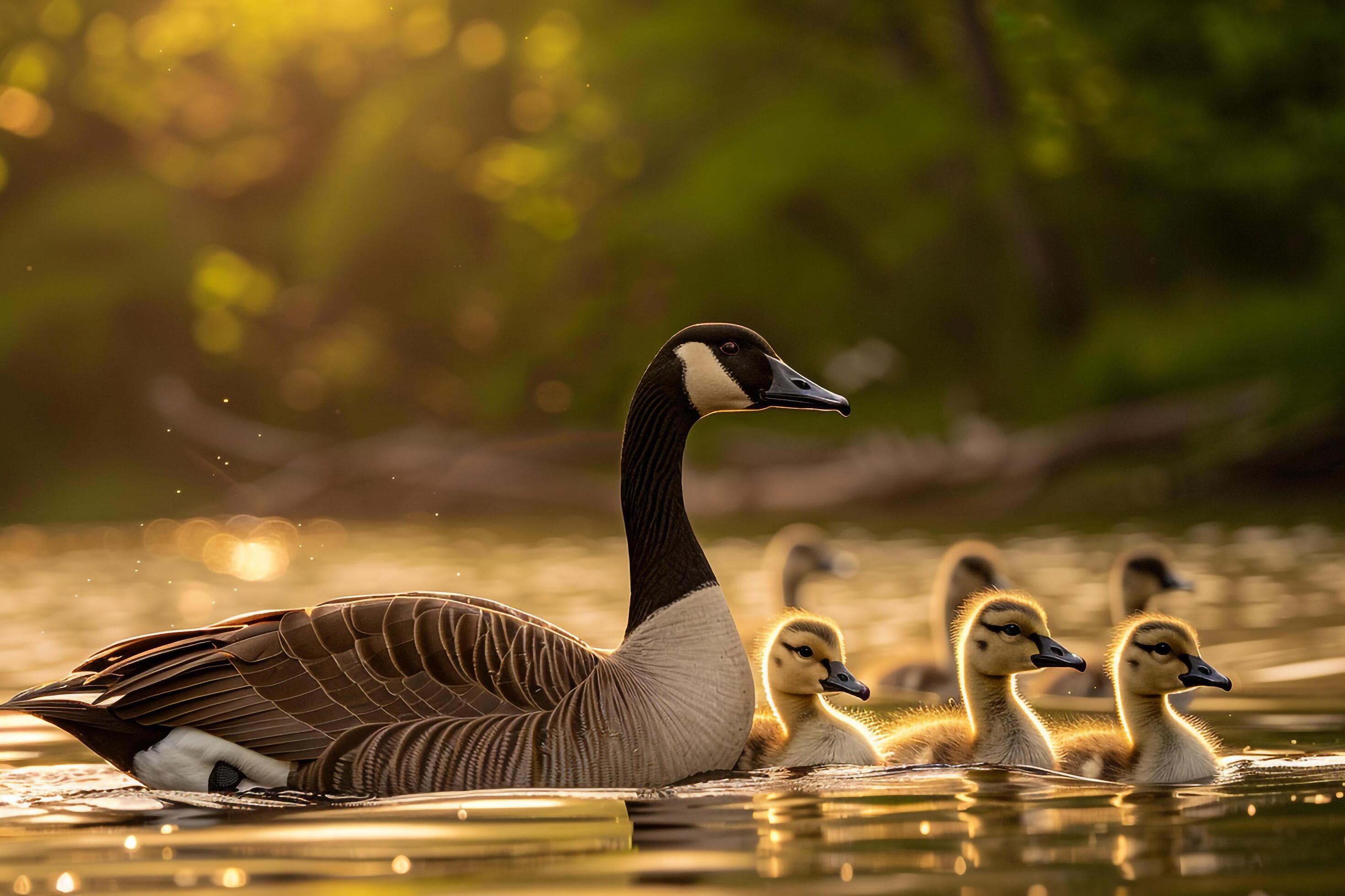 Canada Goose Family Gliding on Lake Surface Nature Background Stock Free