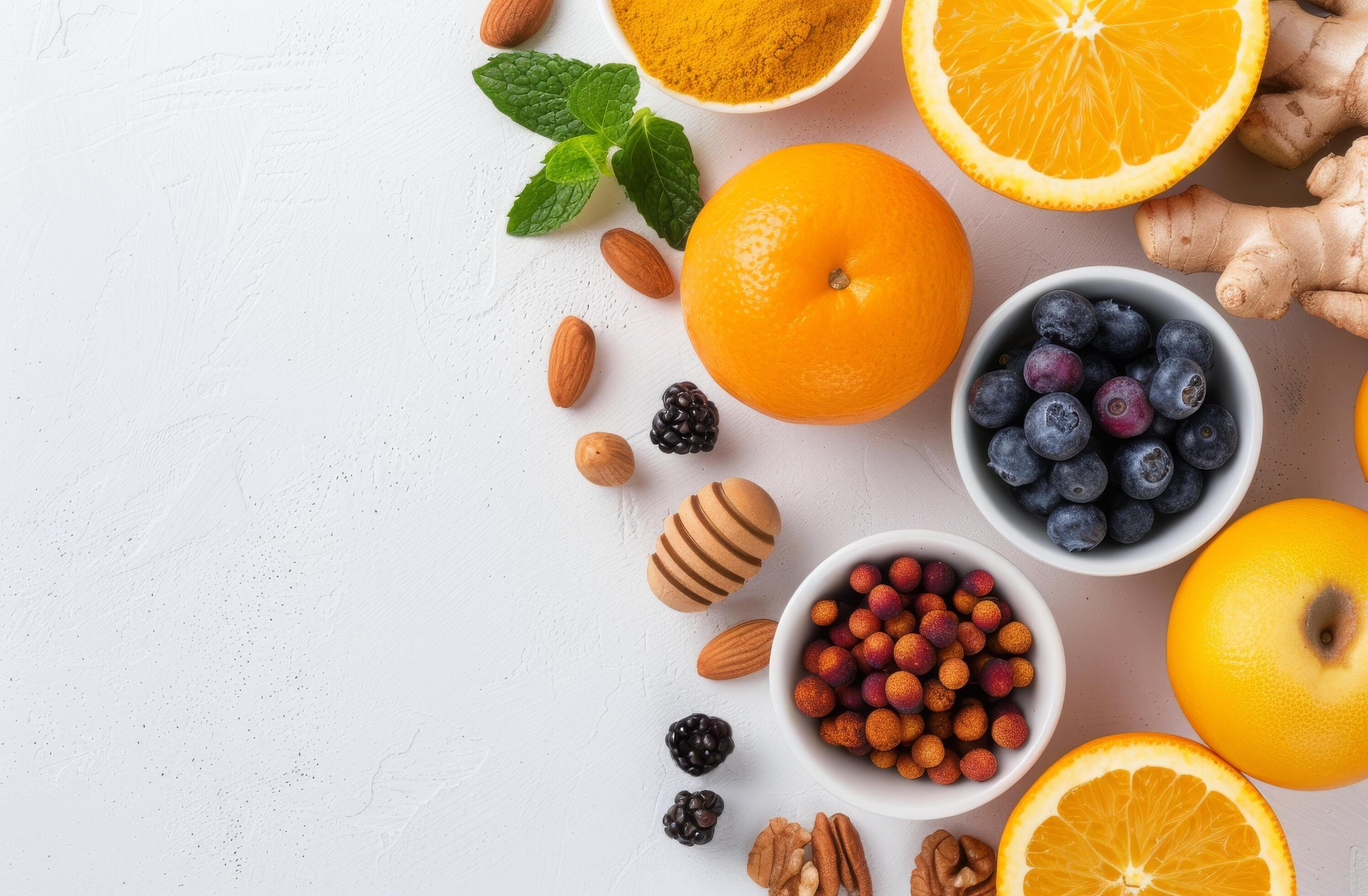 Citrus Fruits, Berries, and Honey on White Background Stock Free