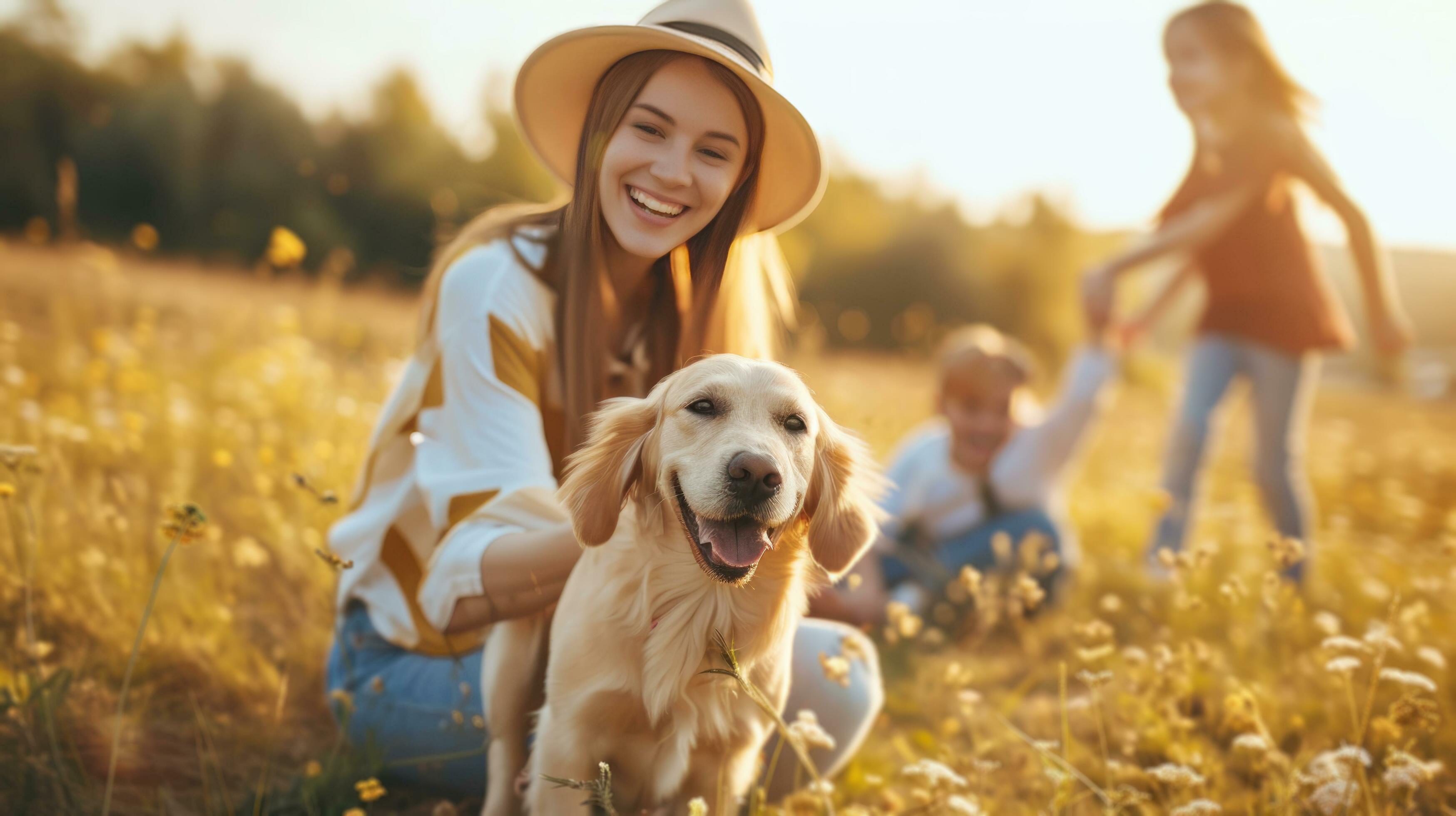 AI generated beautiful advertisment photo of happy beautiful family playing with dog in garden with copy space Stock Free