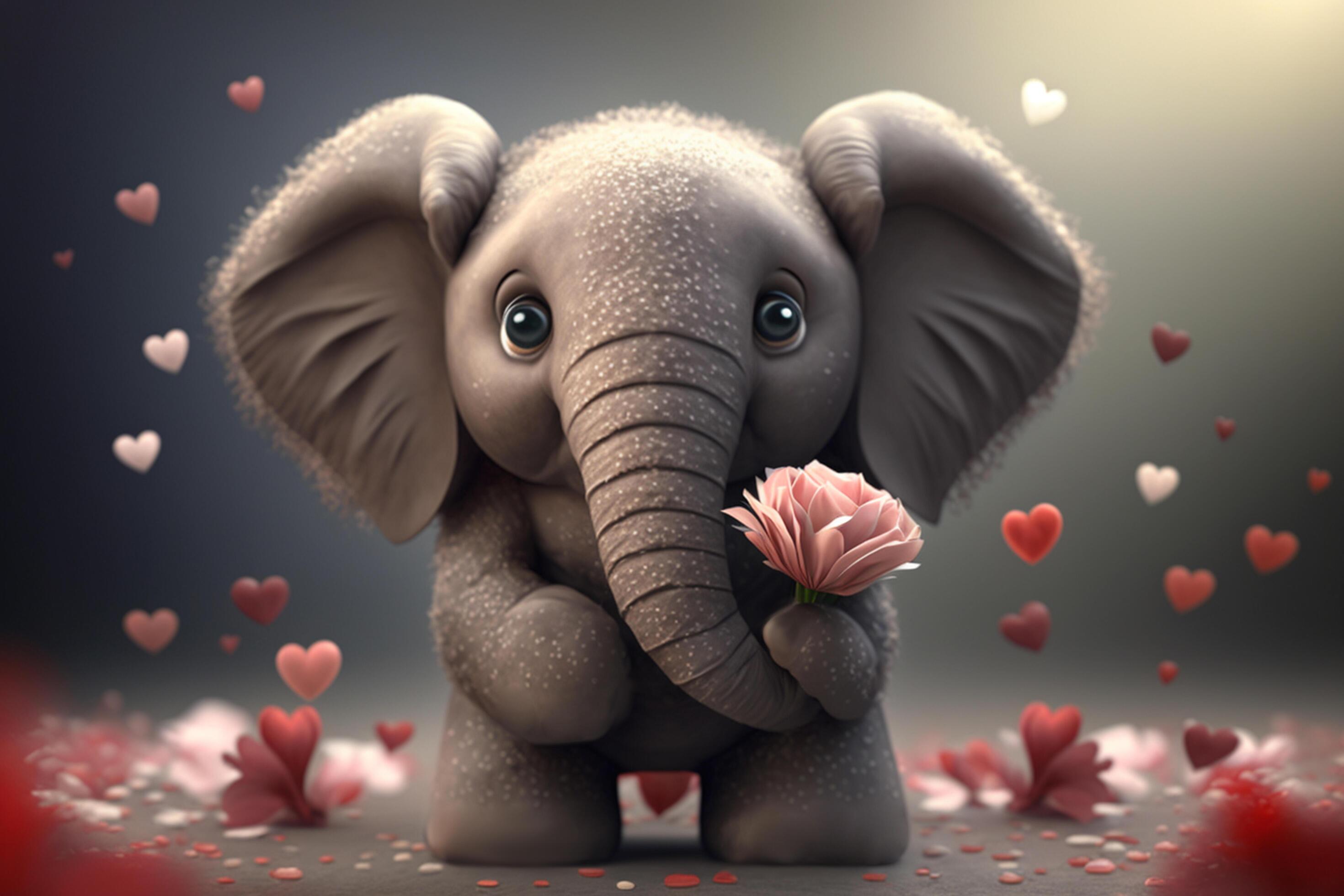 Adorable little elephant with flowers for Valentine’s Day Stock Free