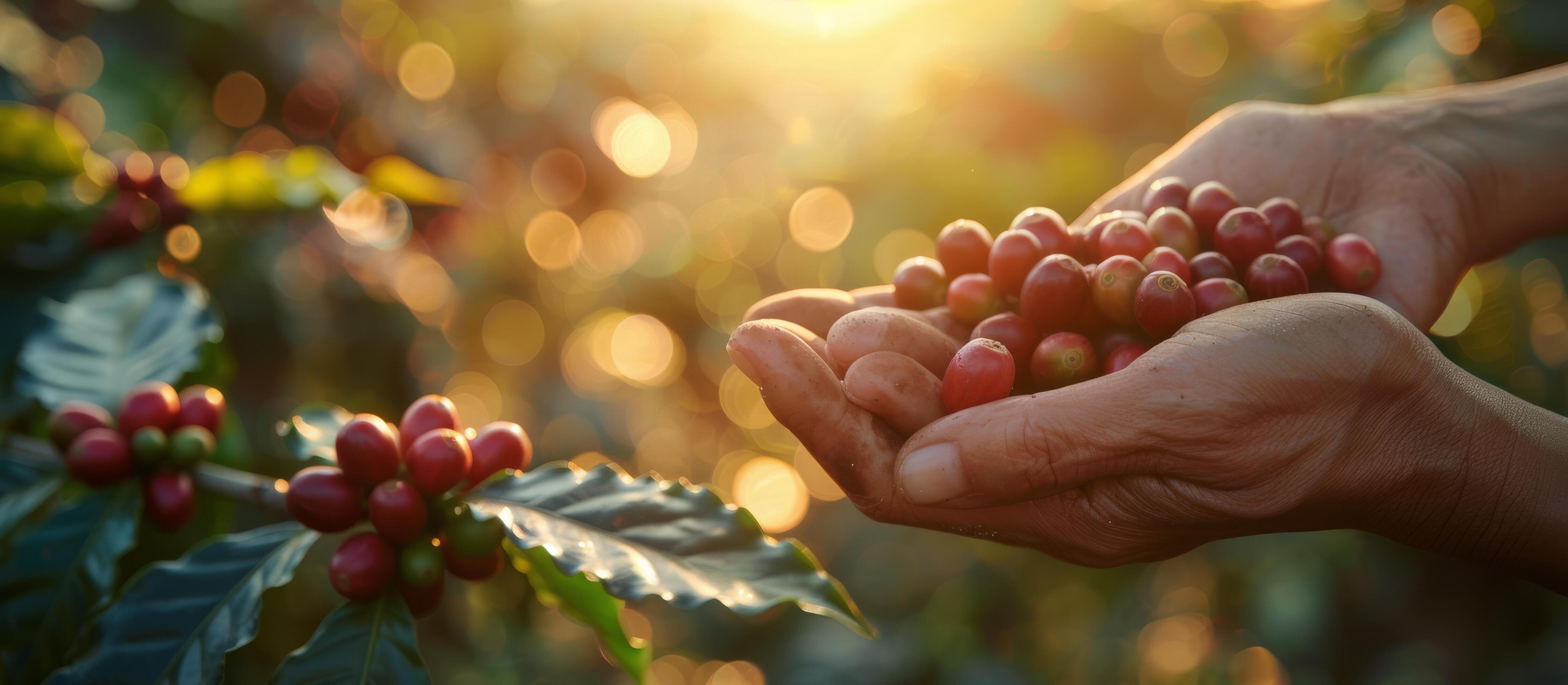 Hand Picking Ripe Coffee Beans From a Branch in a Lush Plantation at Sunset Stock Free