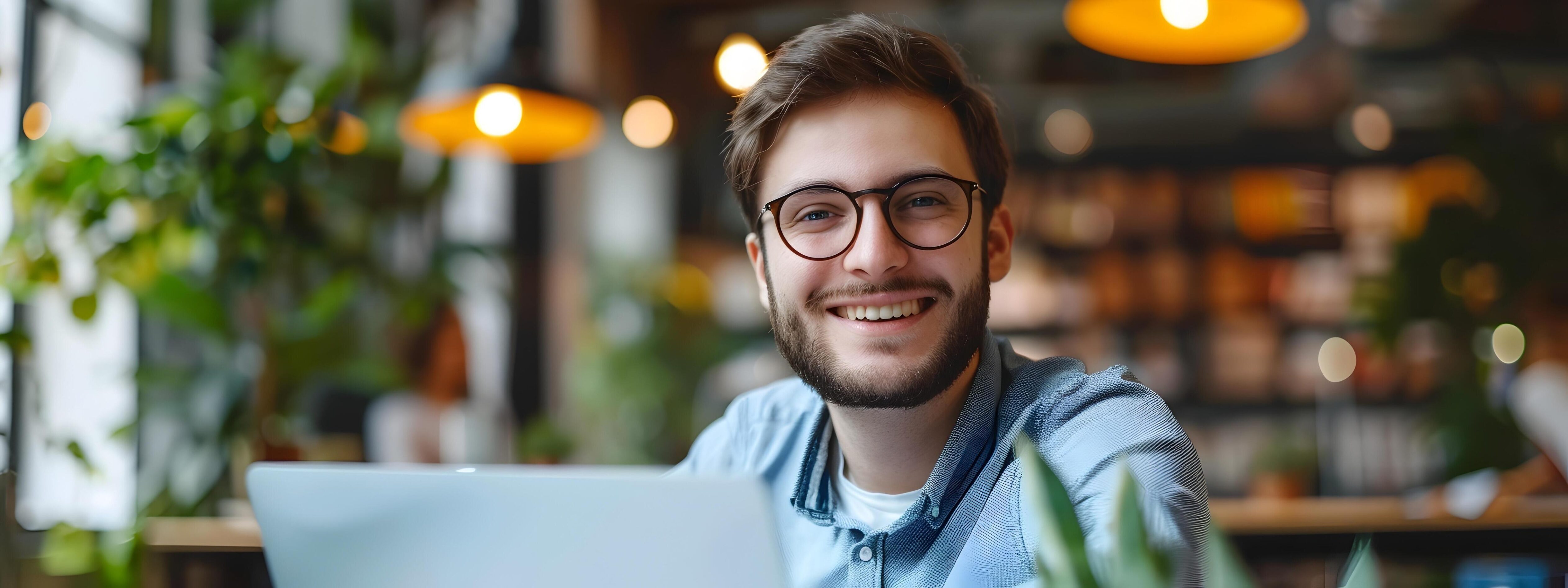 Cheerful Young Professional Browsing Laptop at Cozy Office Desk Stock Free