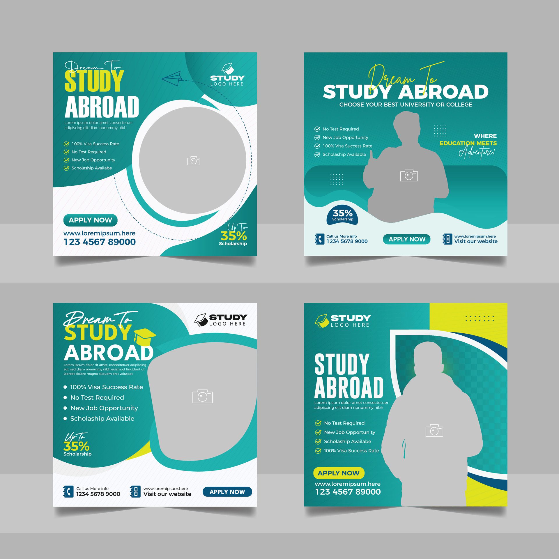 Study abroad social media post set, Higher education online square flyer school admission web banner template Free Vector