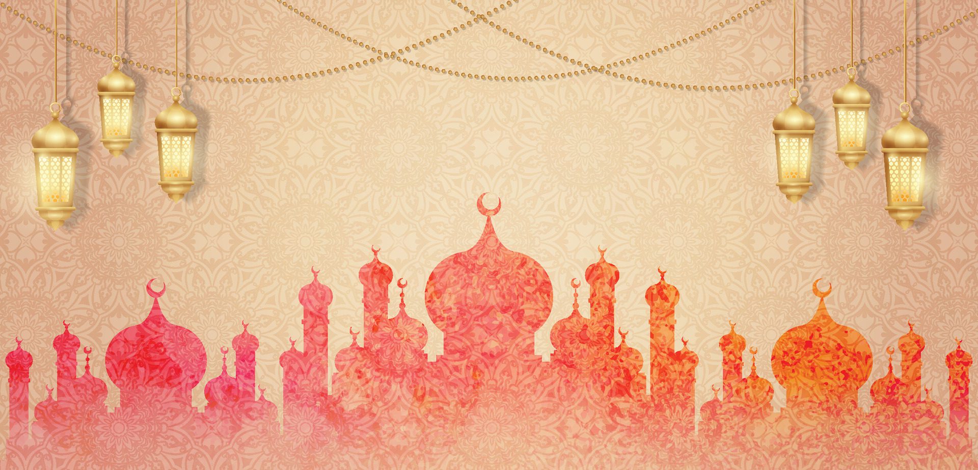 Islamic Horizontal Banner with Silhouette Mosque and Gold Lantern Ornament Free Vector