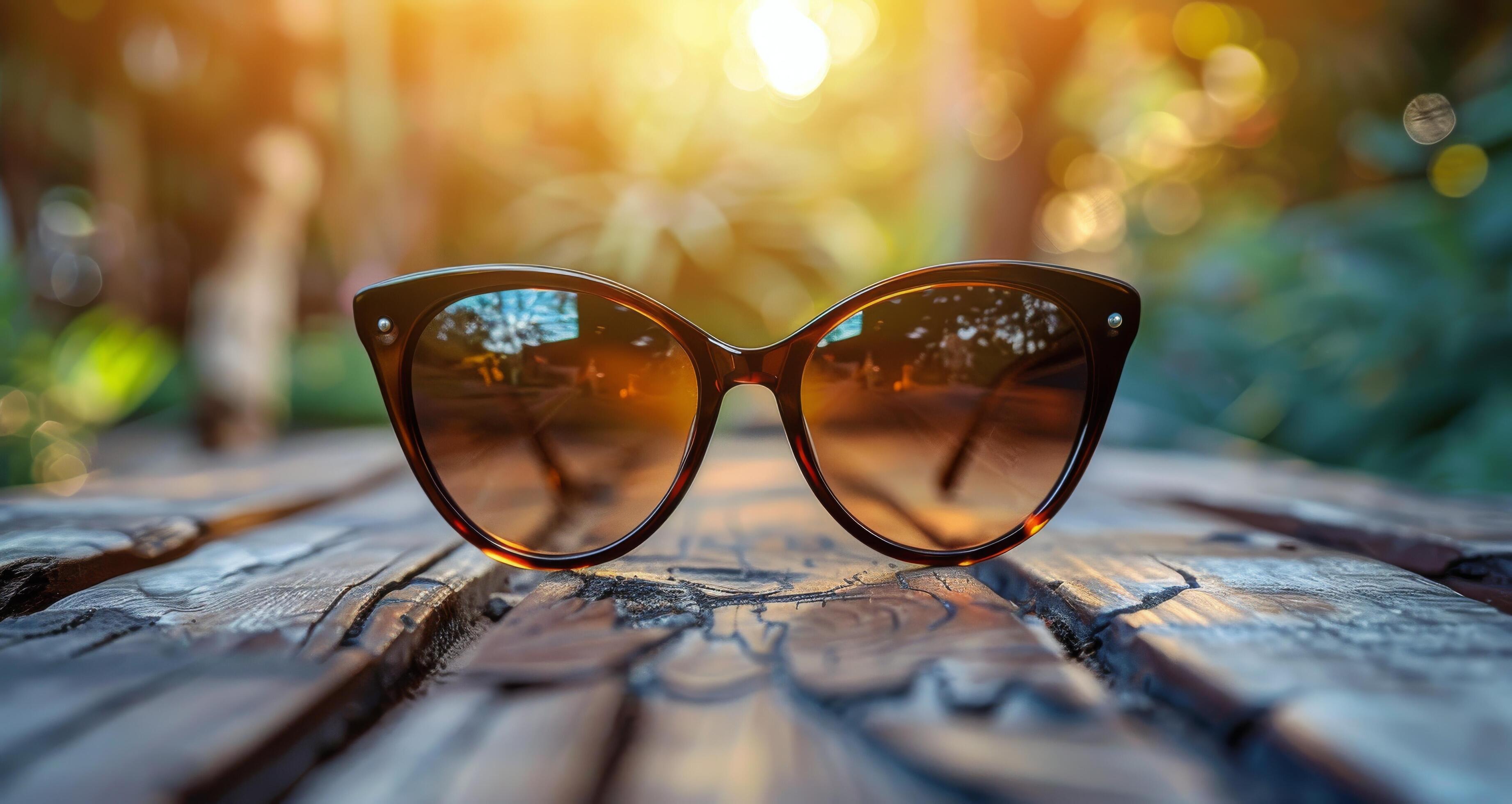 Brown Cat-Eye Sunglasses Resting on a Wooden Surface With a Blurry Sunlit Background Stock Free