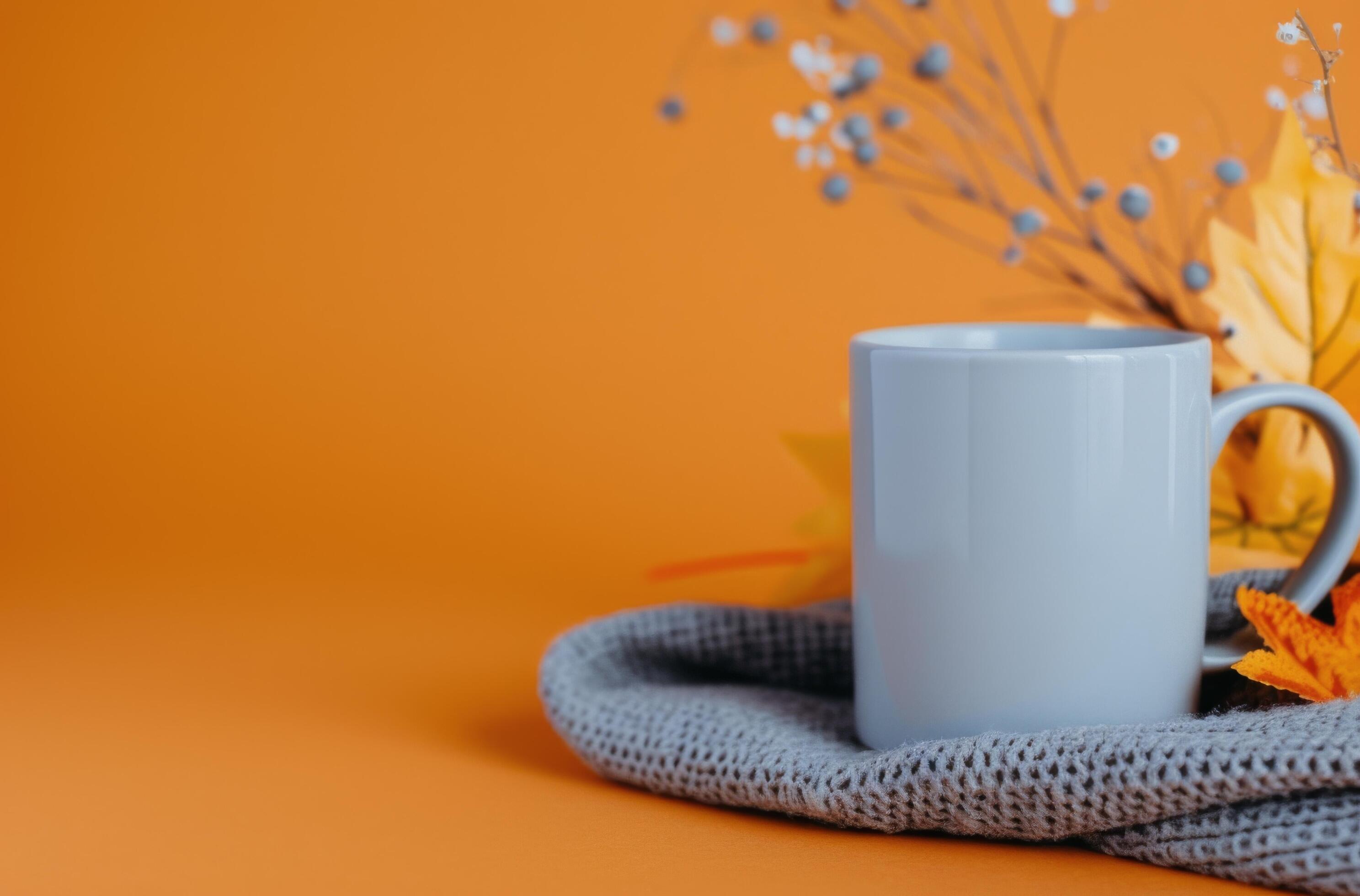 White Mug With Fall Leaves on Orange Background Stock Free