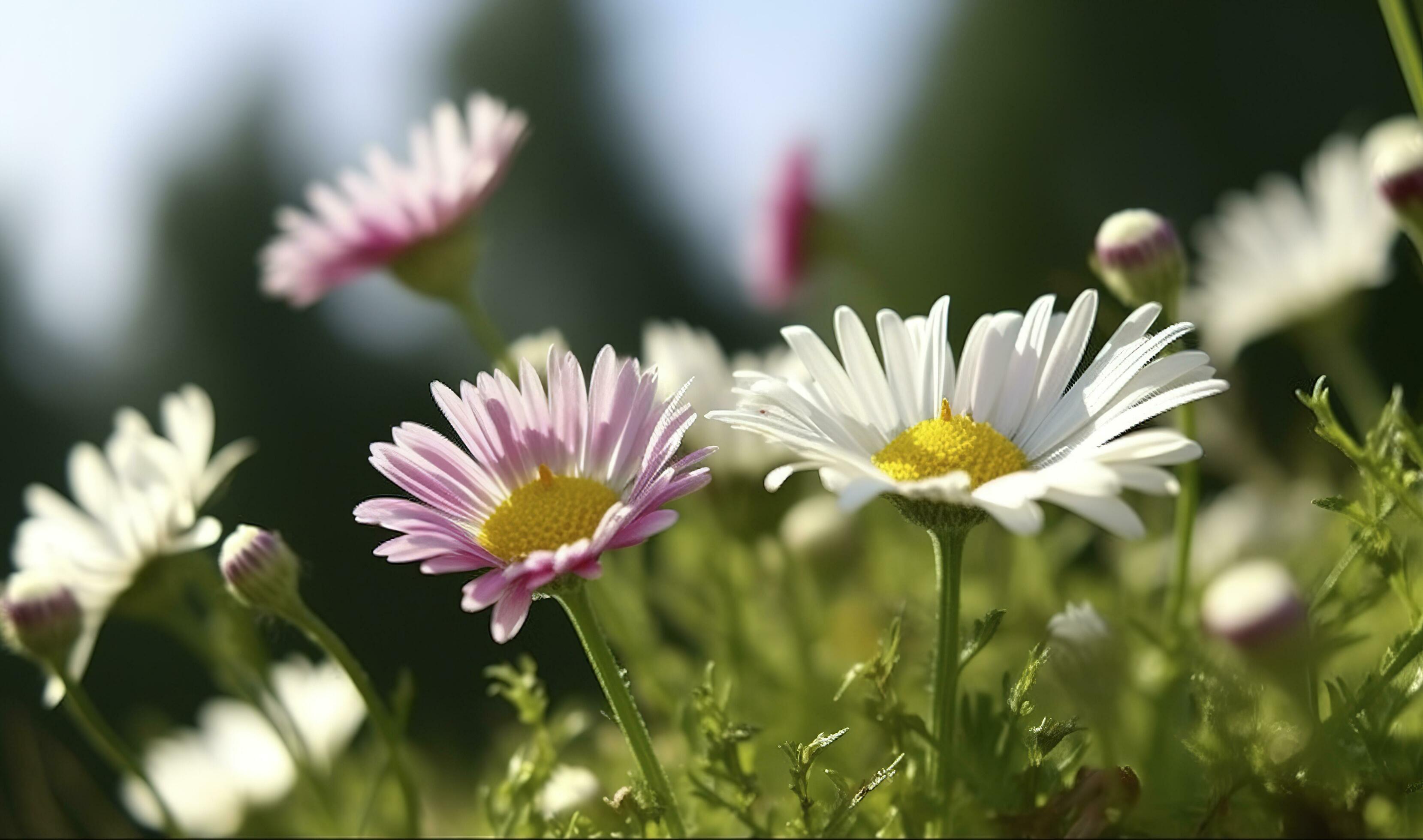 Sunny Close Up Of A Few Daisy Flowers On Flower Meadow , generate ai Stock Free