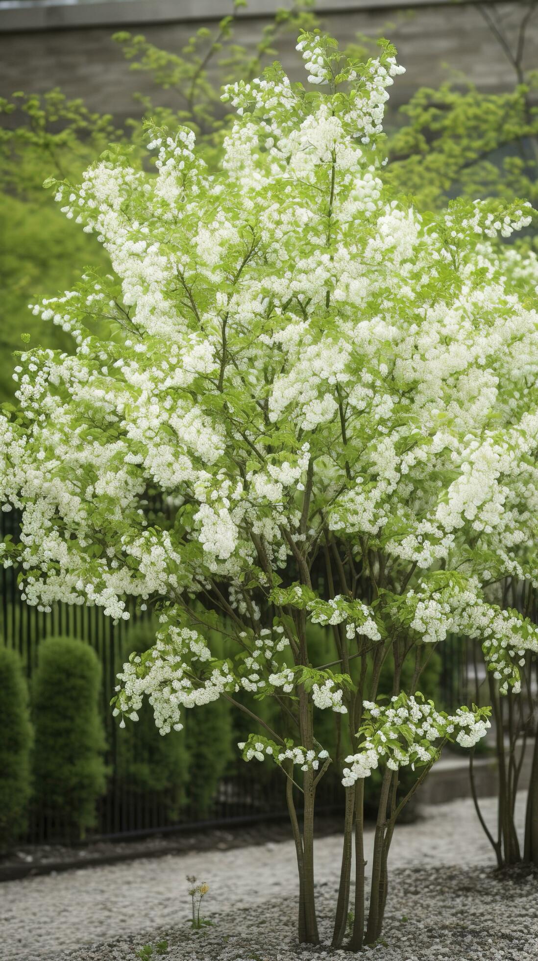 The green Sophora japonica trees are full of white Sophora japonica flowers, generate ai Stock Free