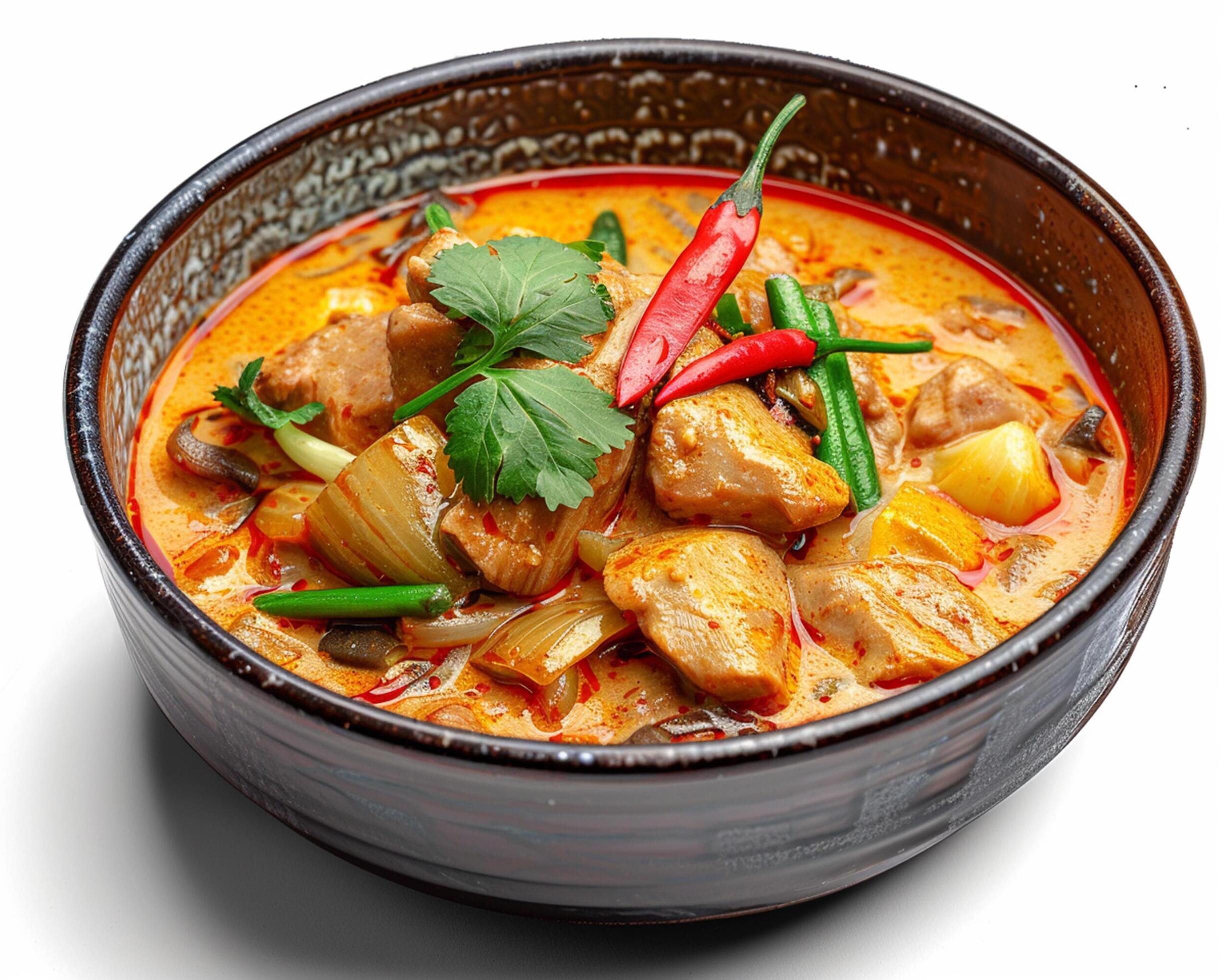 a bowl of curry with meat and vegetables Stock Free