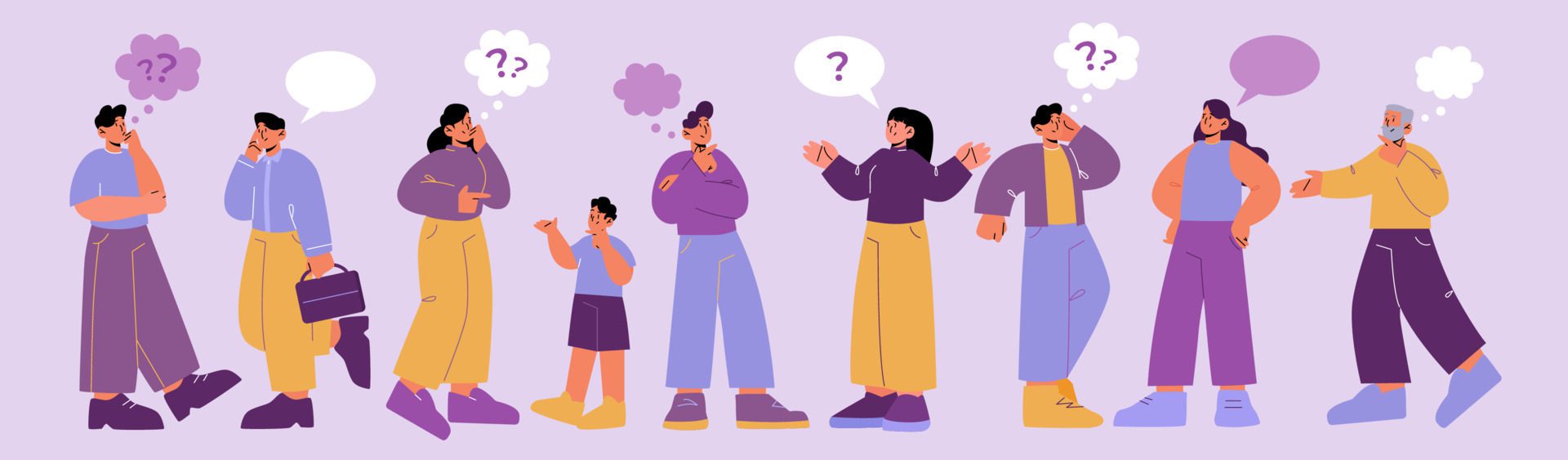 People with speech bubbles and questions, asking Free Vector