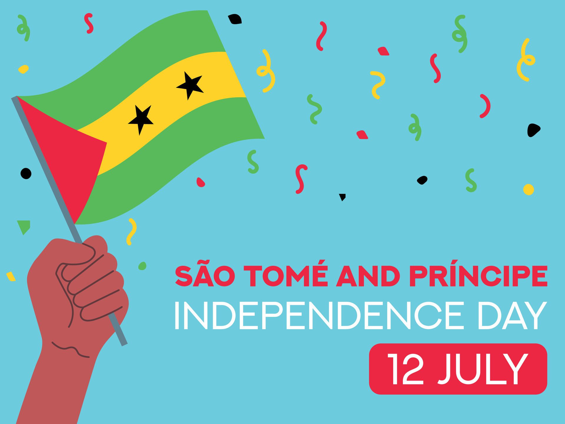 Sao Tome and Principe independence day 12 July. Sao Tome and Principe flag in hand. Greeting card, poster, banner template Free Vector