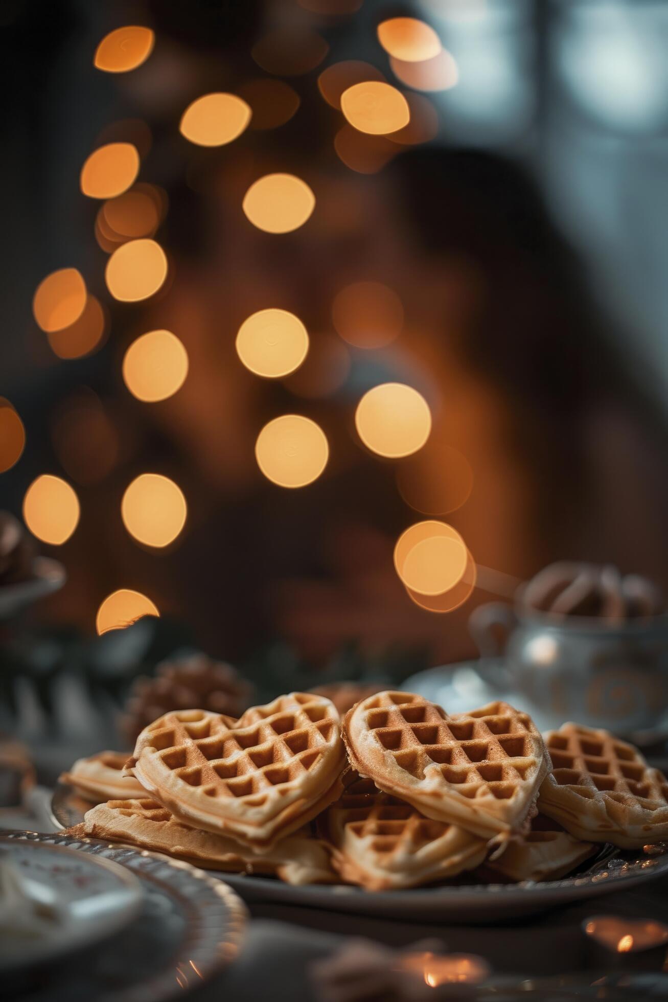 AI generated Romantic Breakfast, Heart-shaped waffles on a table set for two, a couple on the brink of a kiss. Perfectly adorned for Valentine’s Day. Stock Free