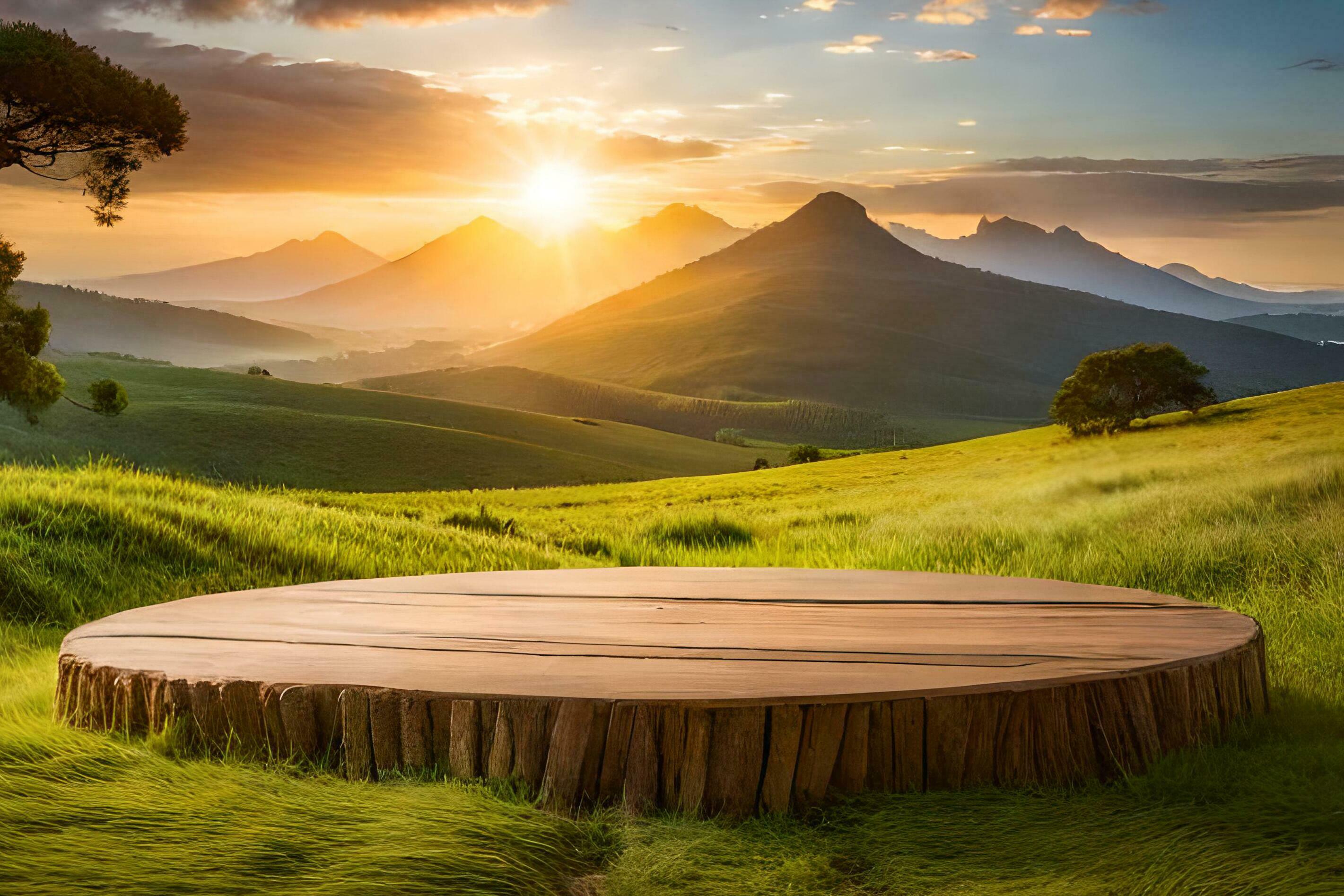 A rustic wood table in the middle of a nature background for product Display Stock Free