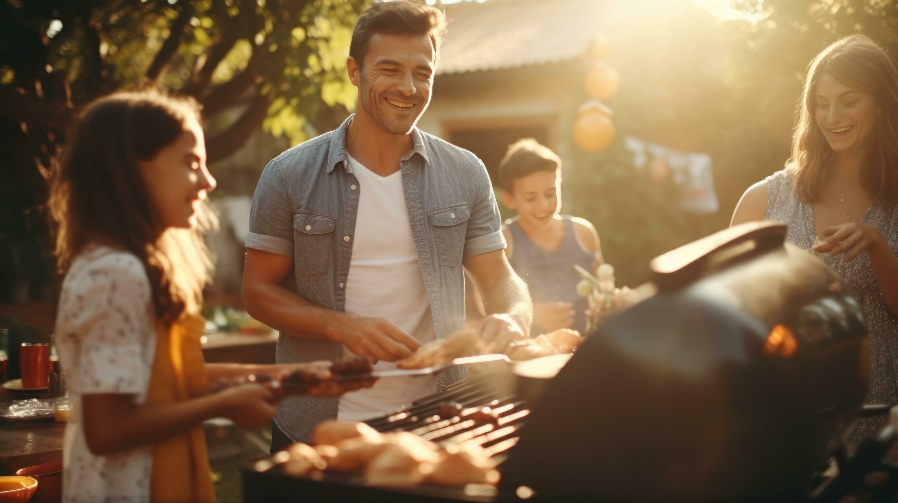 Young family is grilling at the barbecue Stock Free