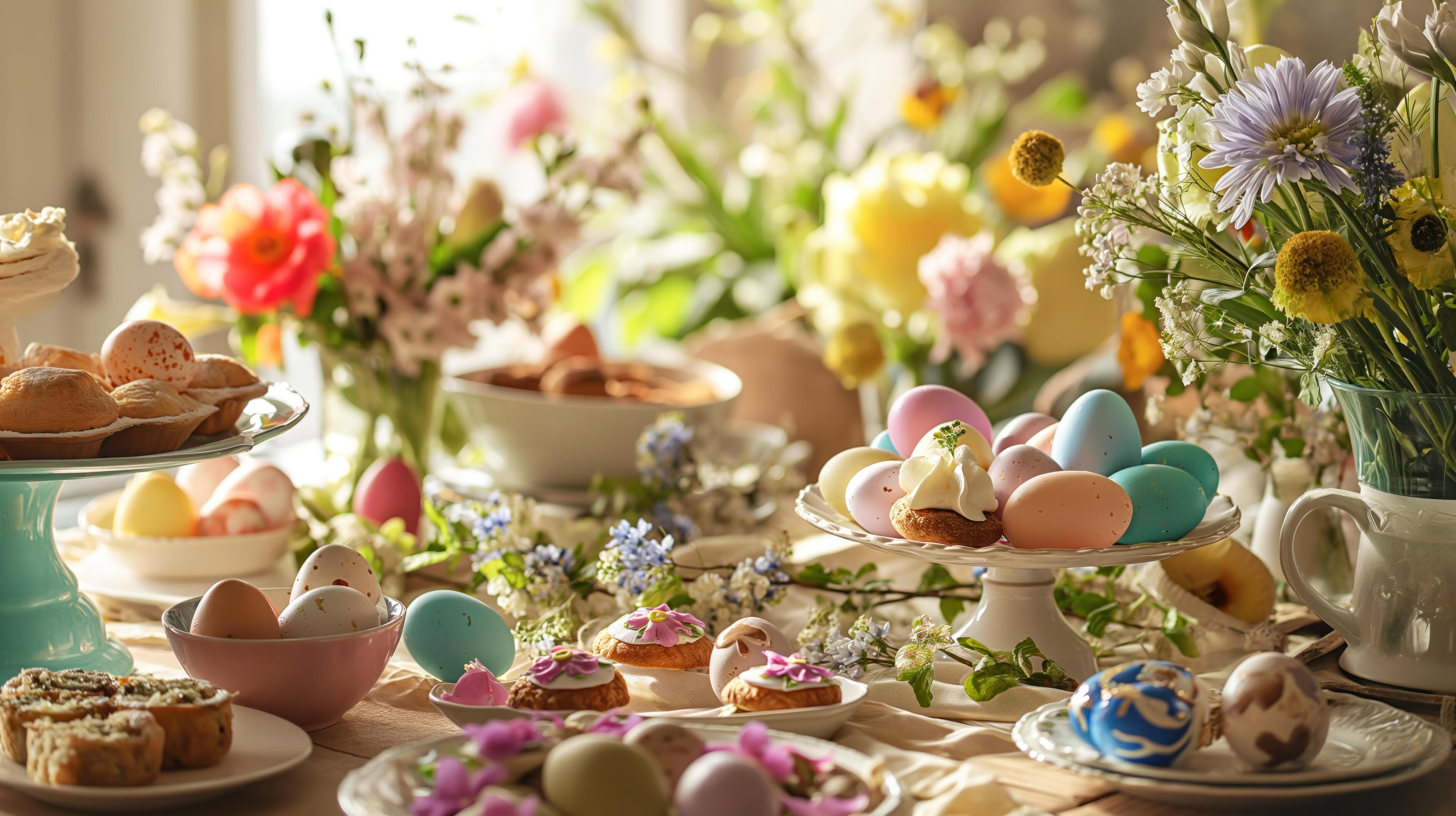 beautifully decorated Easter table with colorful eggs, fresh flowers, and delicate pastries Stock Free