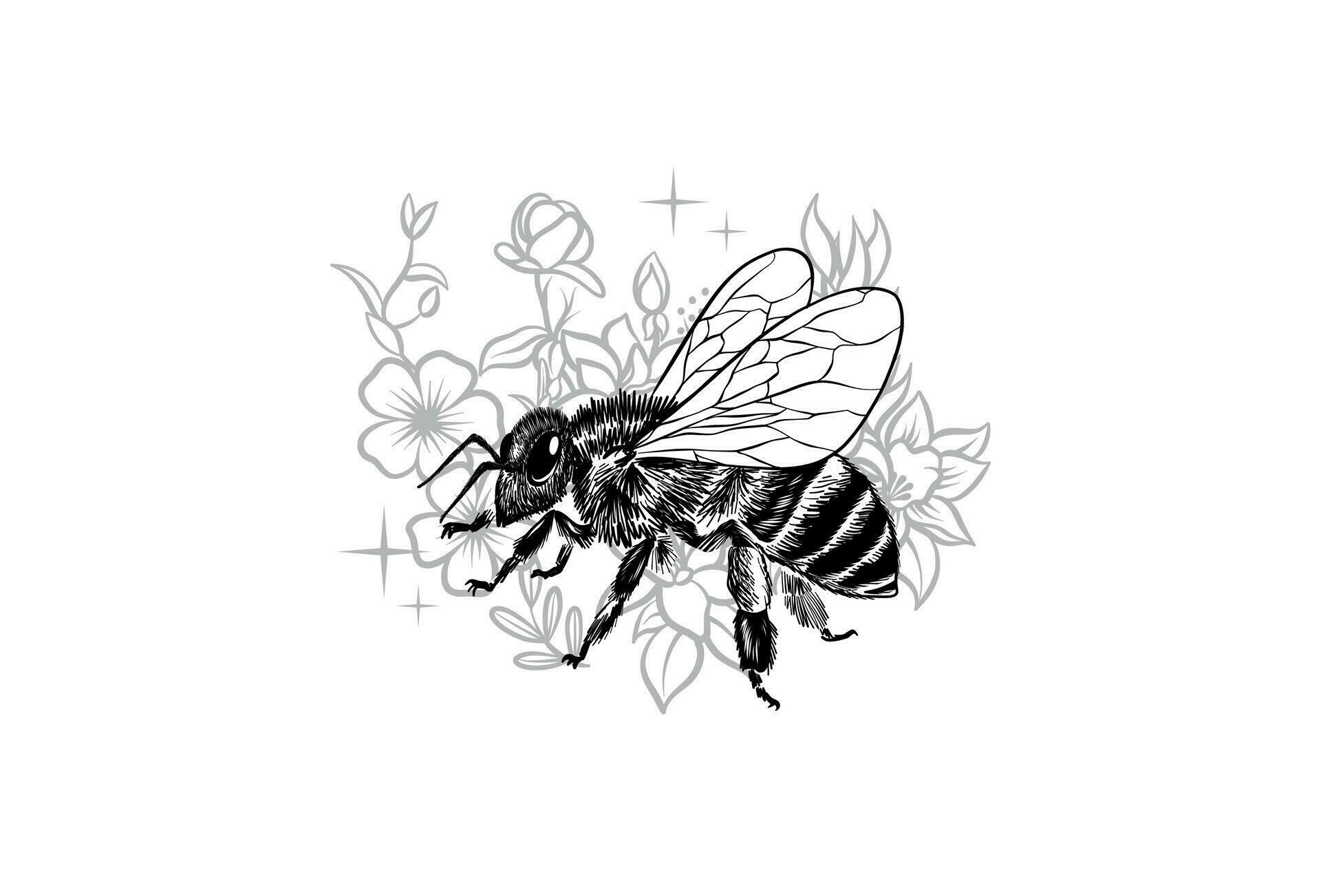 black and white vector illustration of bees and flowers Stock Free