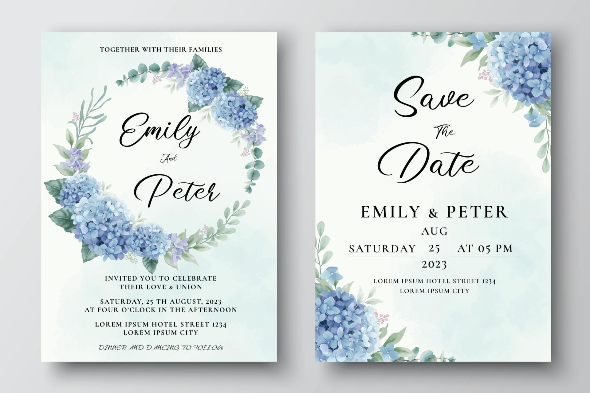 Wedding Invitation Template with Blue Hydrangea Flowers Stock Free