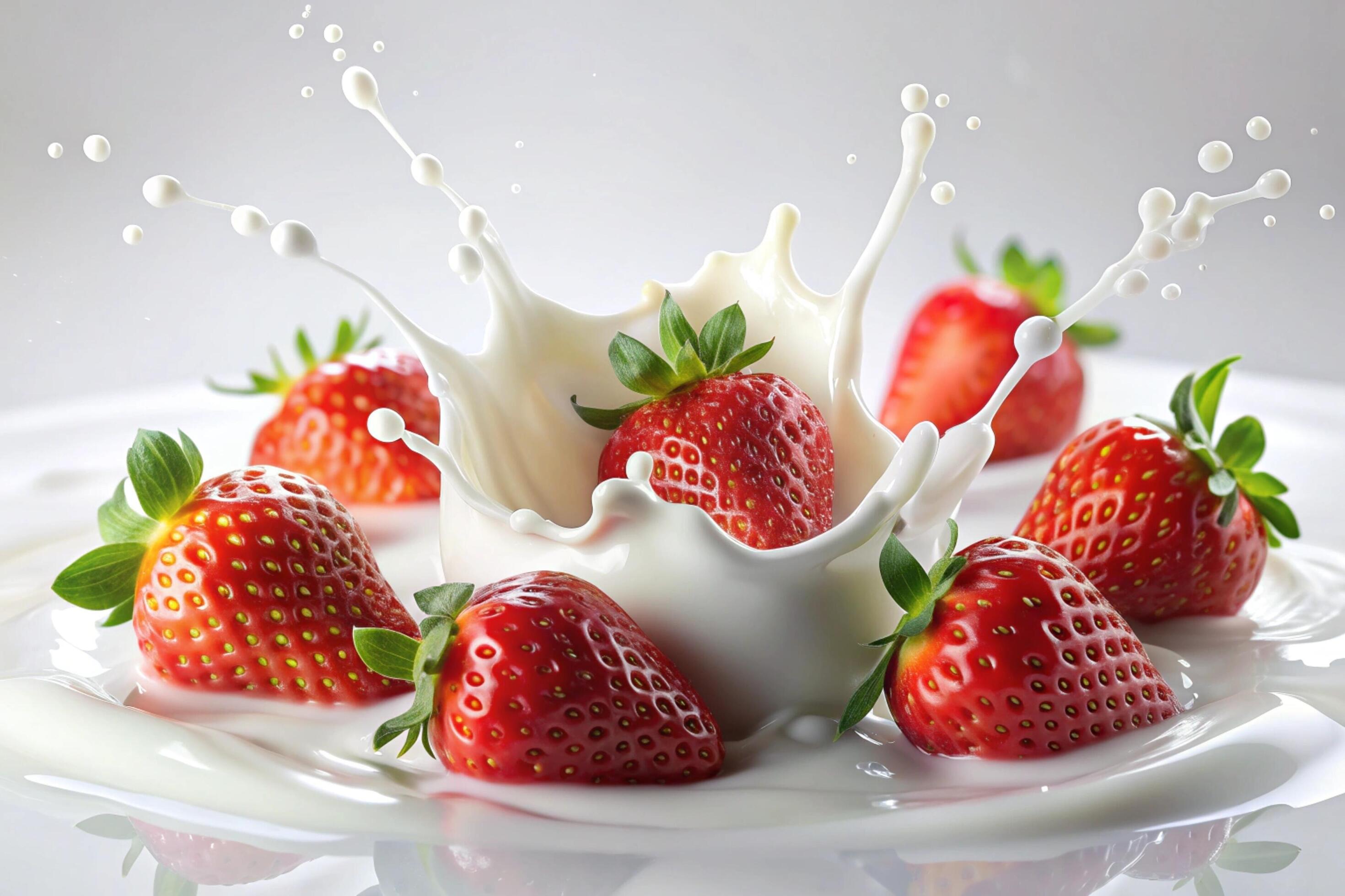 Milk splashes with strawberry on white background Stock Free