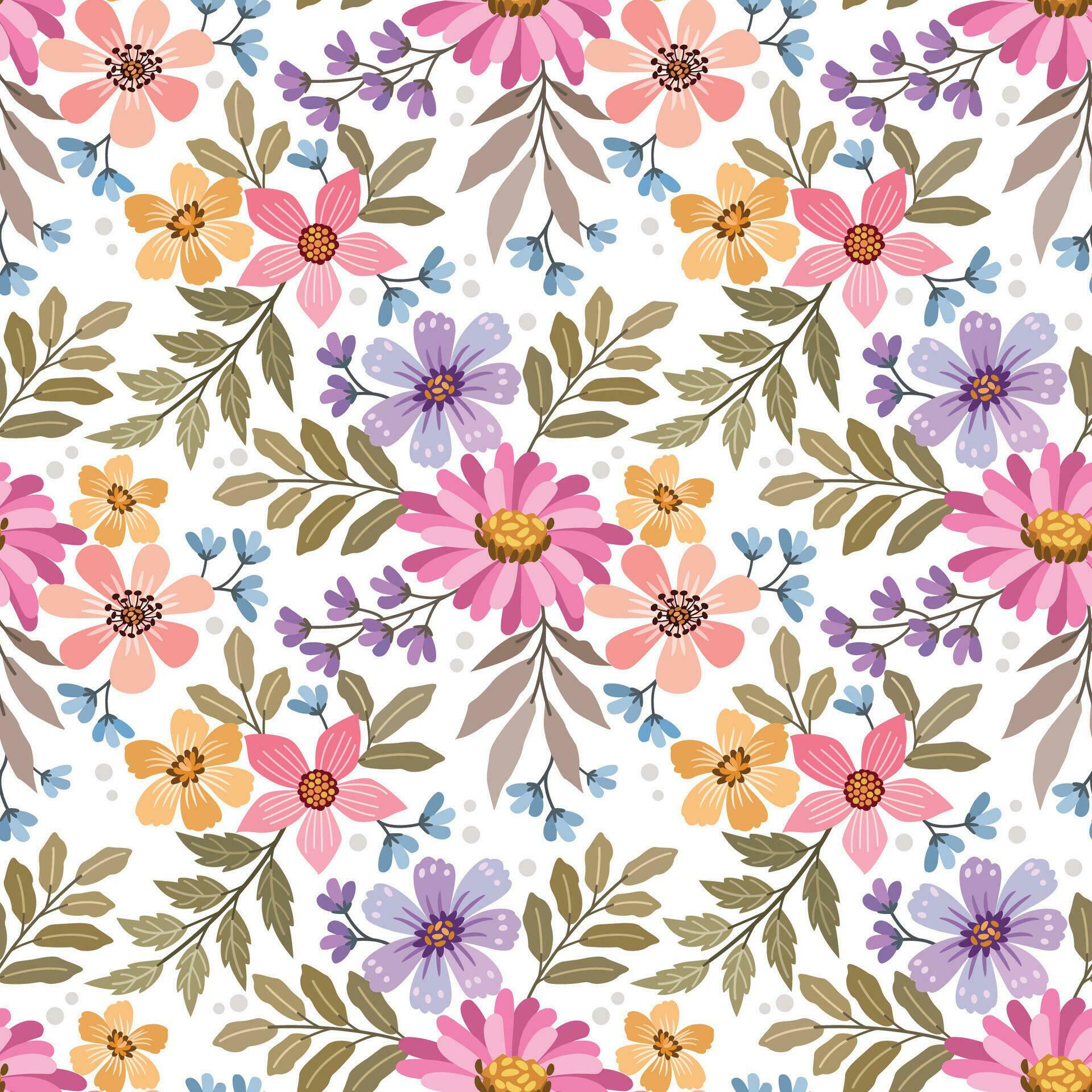 Colorful flowers and leaf on white color background seamless pattern. Stock Free