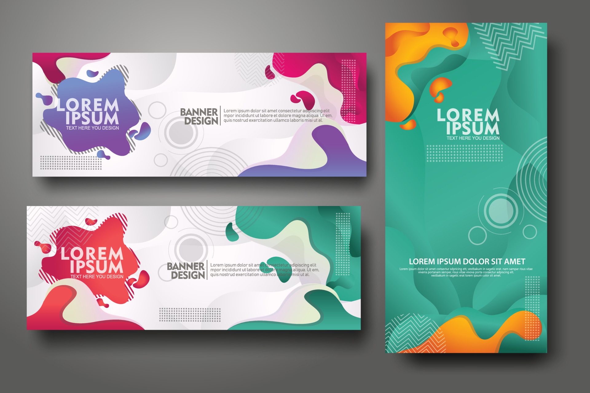 Banner set design template in trendy vibrant gradient colors with abstract fluid shapes Free Vector