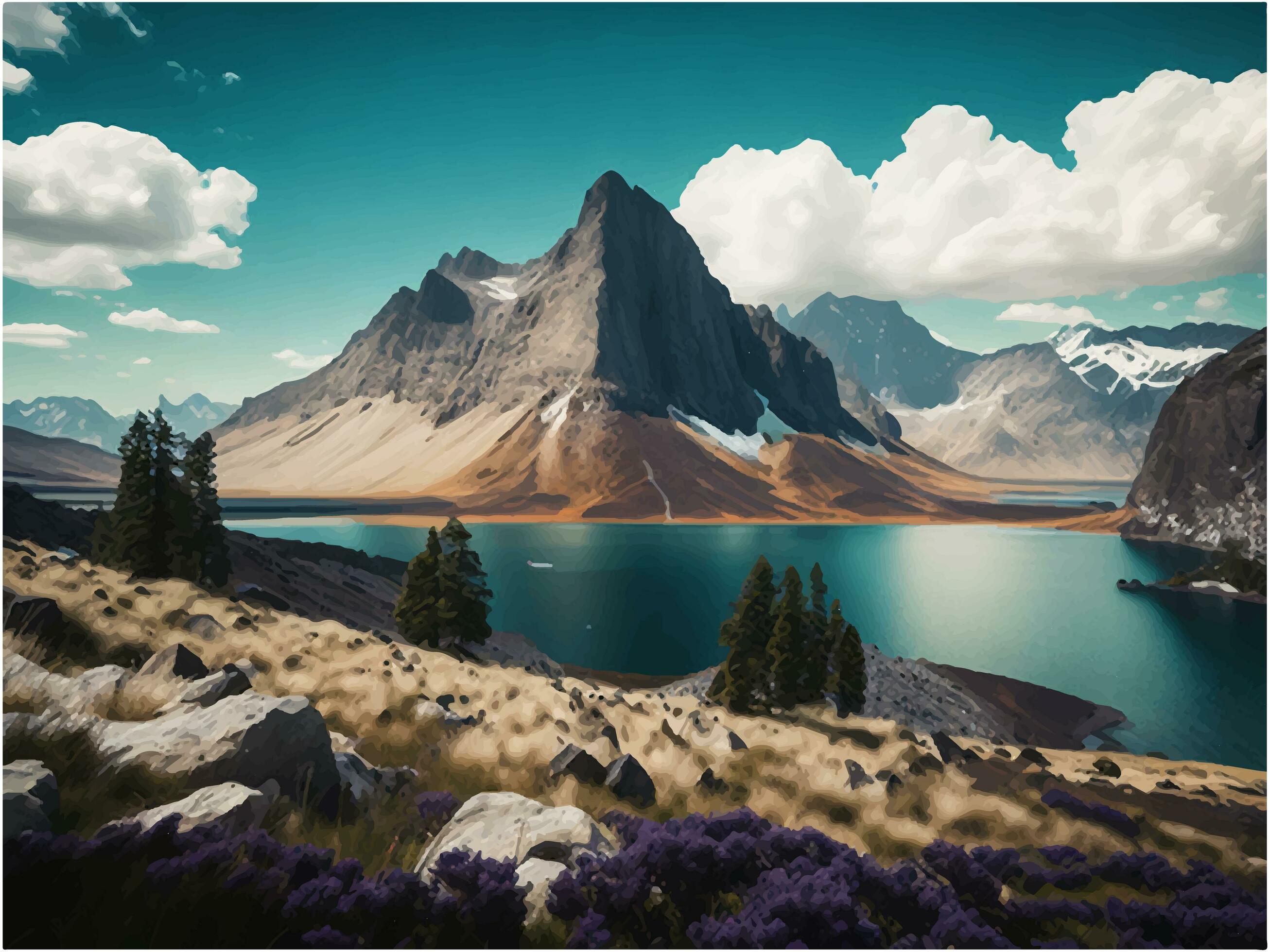Wallpaper Beautiful shot of a seashore with hills with colorful trees in the foreground. landscape nature photo Background. vintage illustration background Stock Free