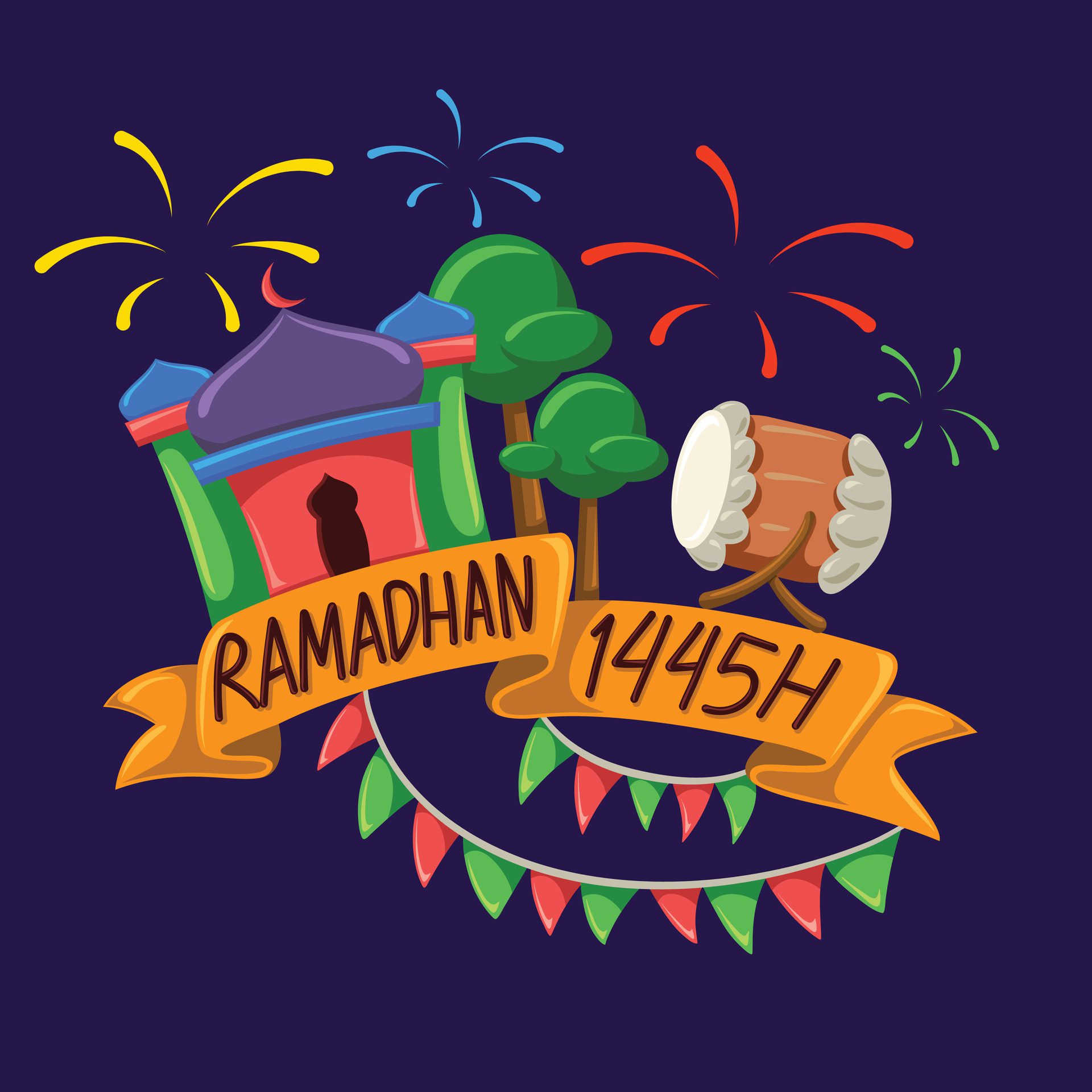 Ramadan 1445 H poster, full of colorful and simply styled design, perfect for social media feeds, banners, and promotions Free Vector