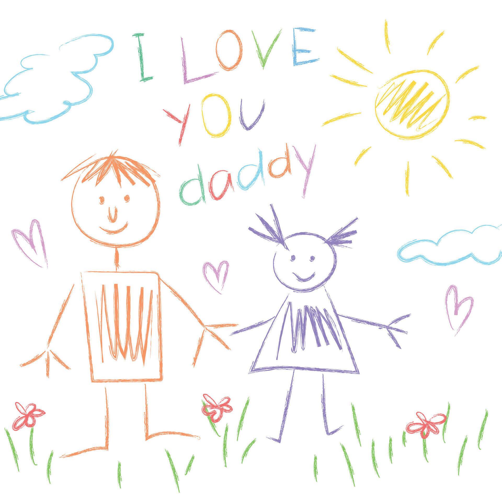 Children’s drawing for Father’s Day. Dad and daughter, sun, clouds and flowers in a naive style. illustration Stock Free