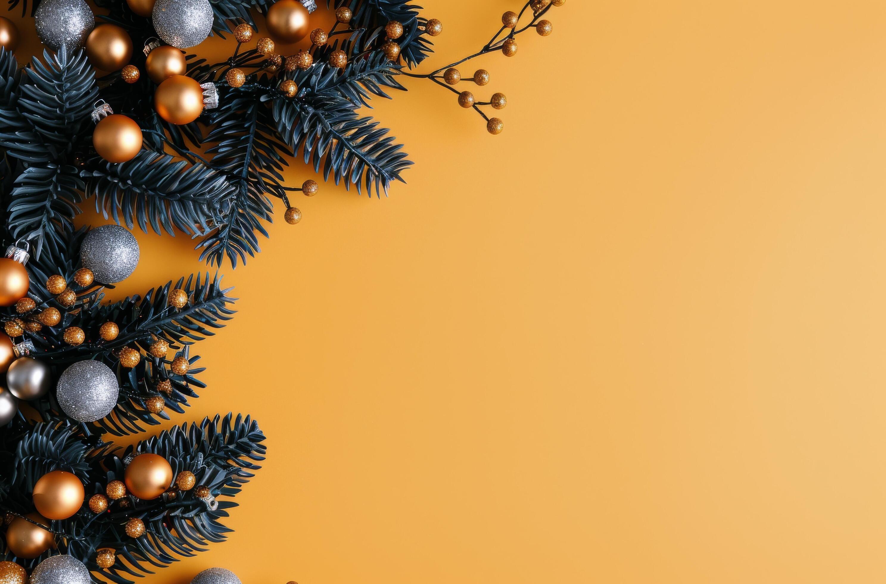 Pine Branch With Ornaments on Yellow Background Stock Free