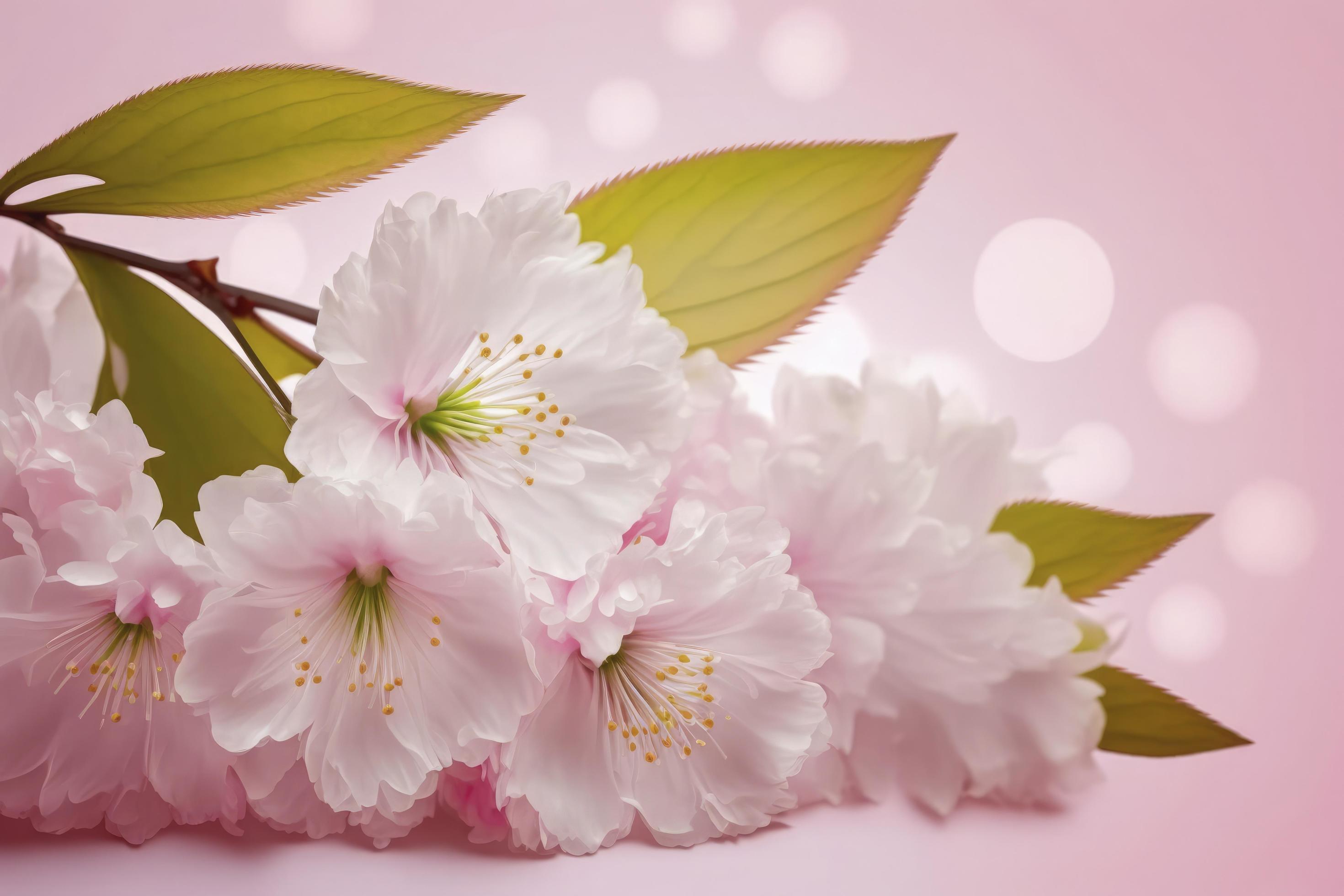 Pink cherry flowers background. pink cherry blossom flowers on clean background. Three almond blossom or sakura flowers macro isolated. Stock Free