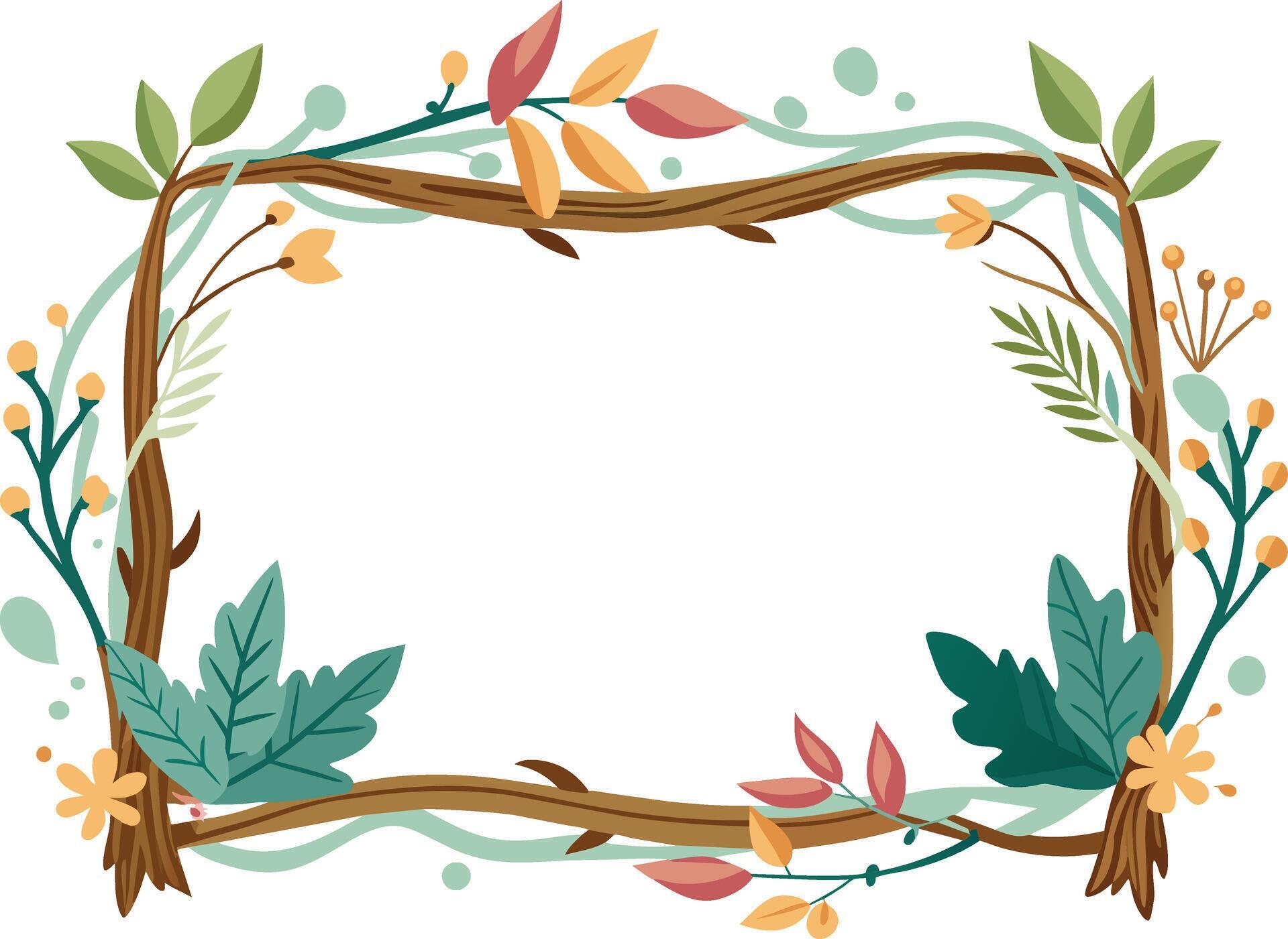 Decorative frame with leaves and flowers. Vector illustration in cartoon style. Stock Free