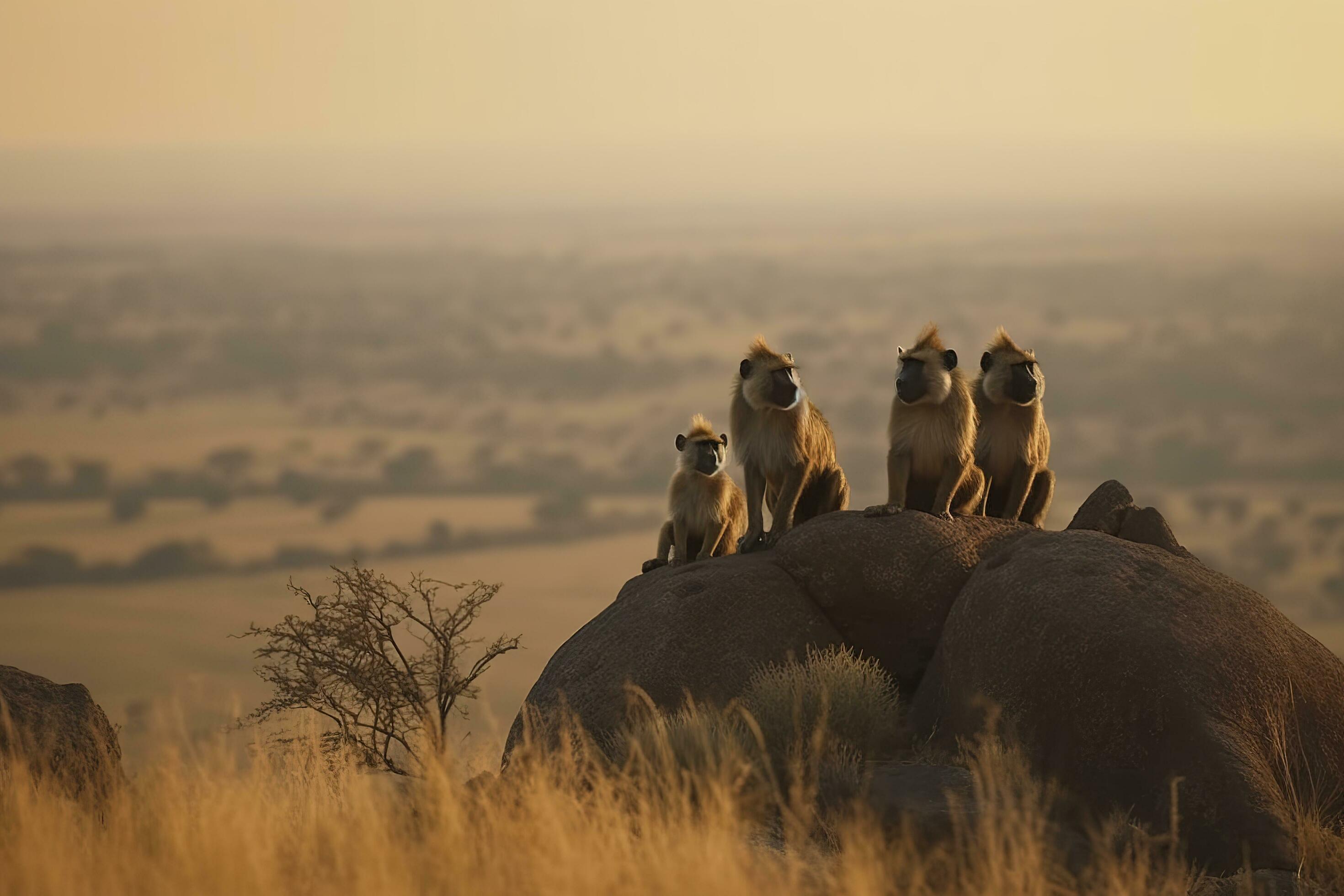 A family of baboons perched on a rocky, generate ai Stock Free