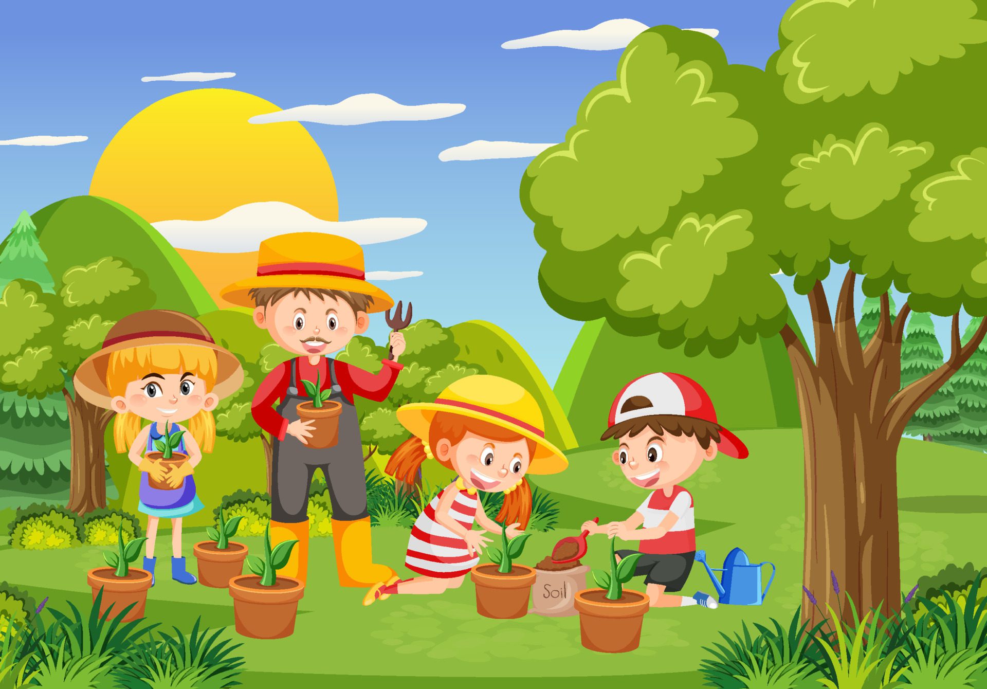 Happy people in the park gardening Free Vector