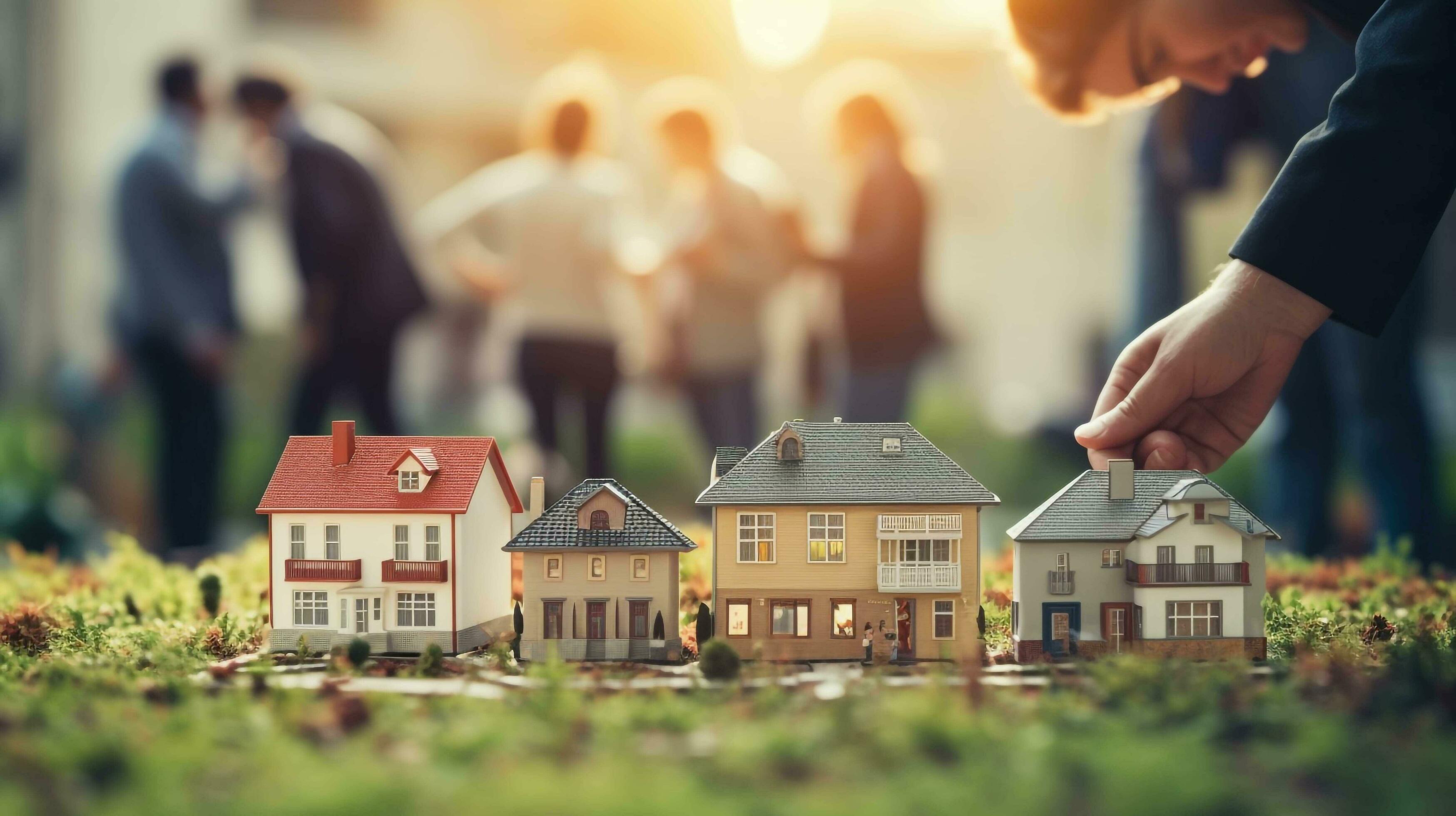 A family standing in front of a row of houses different aspects of the properties, AI generated Stock Free