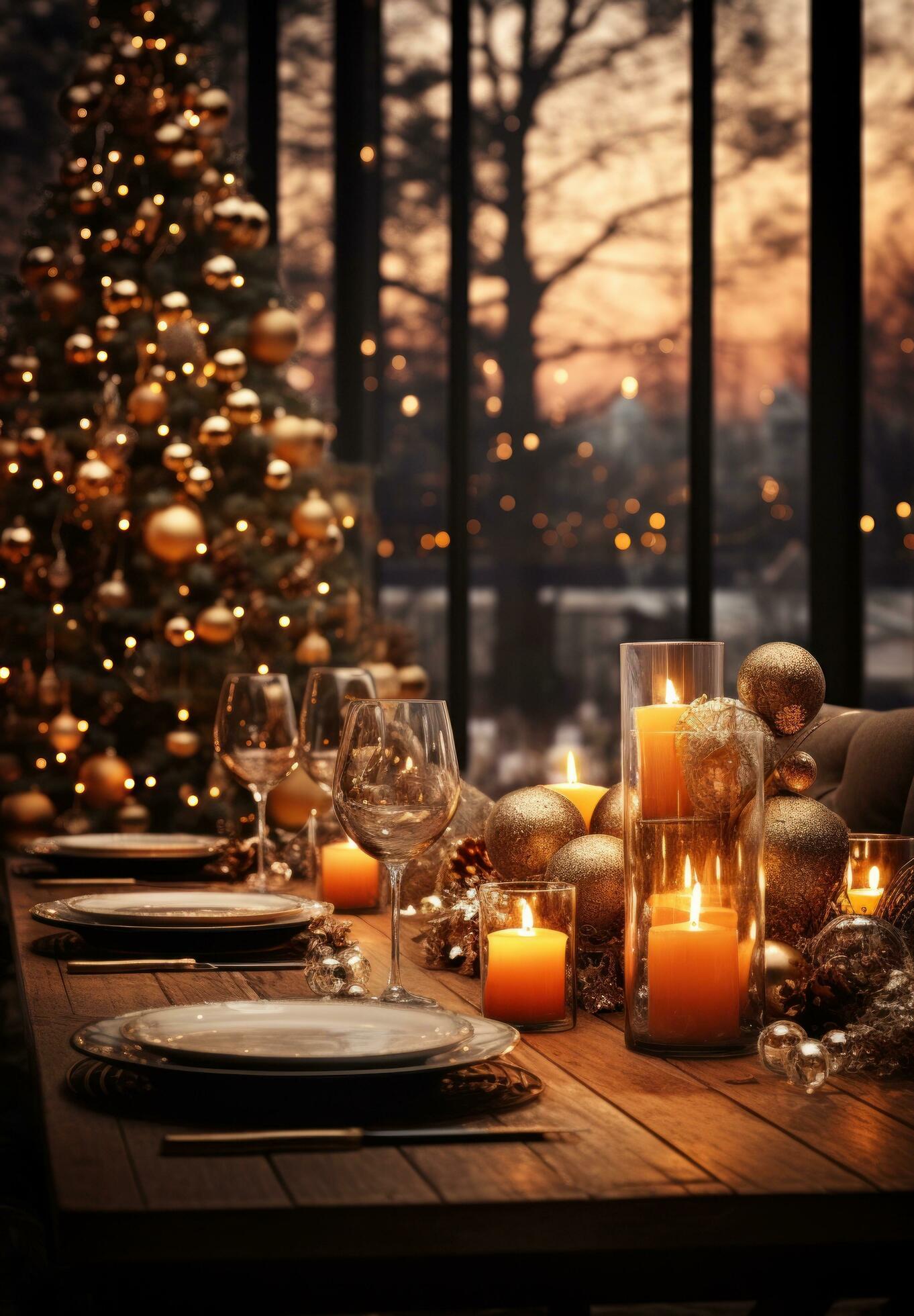 a table with candles and a christmas tree in front of it, Free Photo