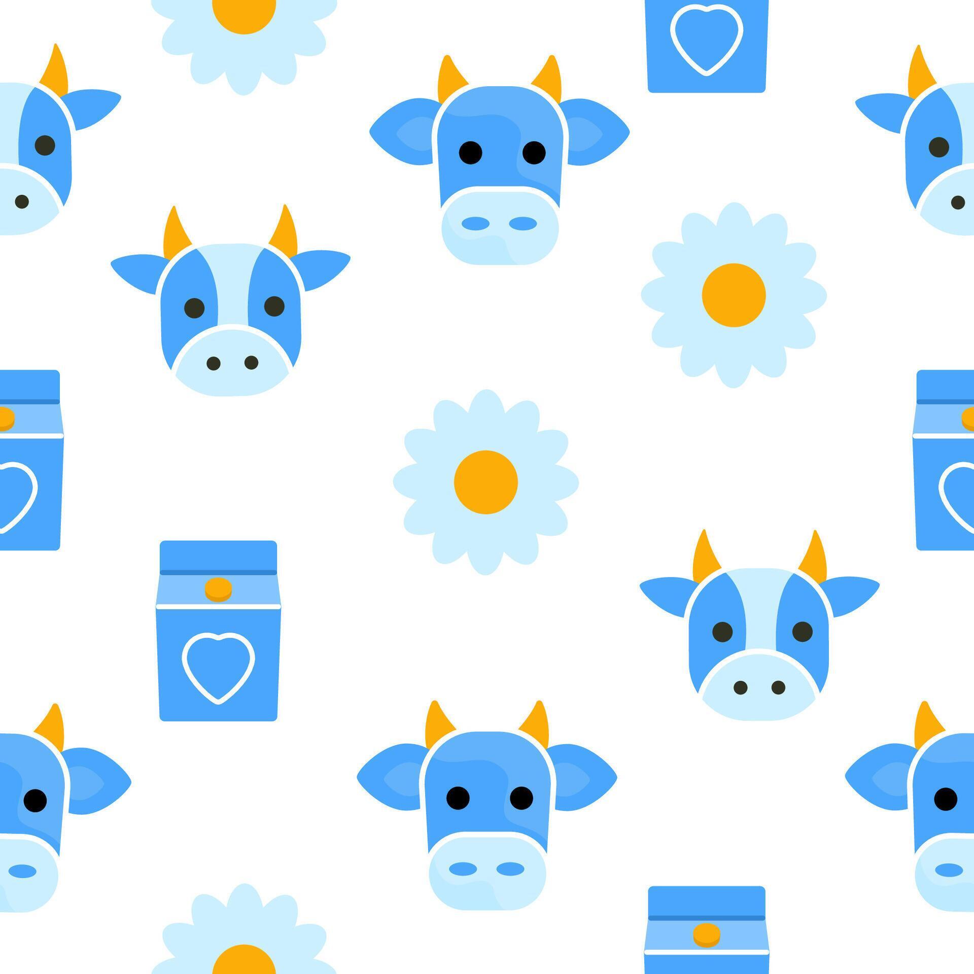 Vector seamless pattern with cows, sun, flowers. World Milk Day. Vector illustration background. Stock Free