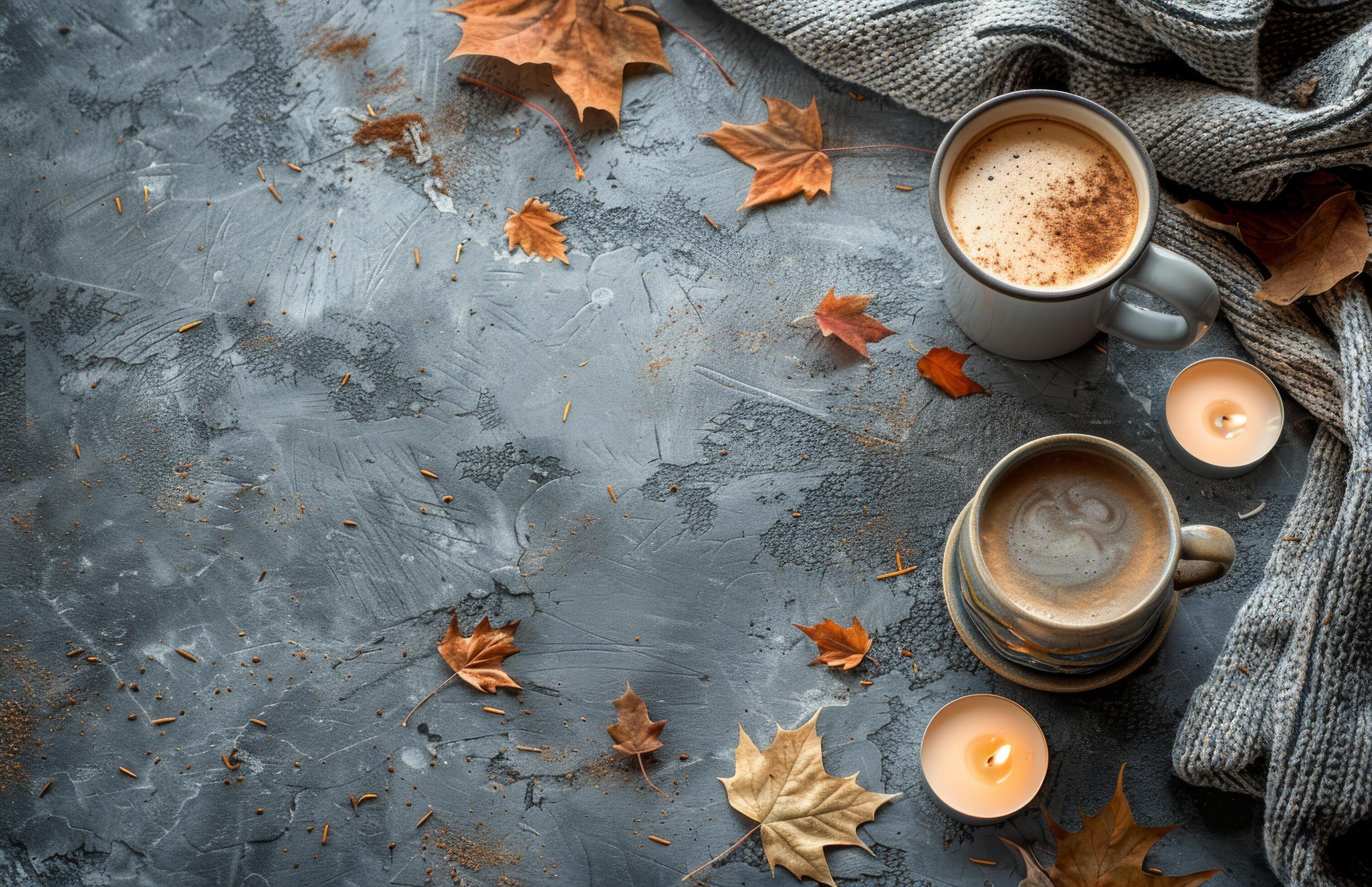 Cozy Autumn Flat Lay With Coffee, Candles, and Leaves Stock Free