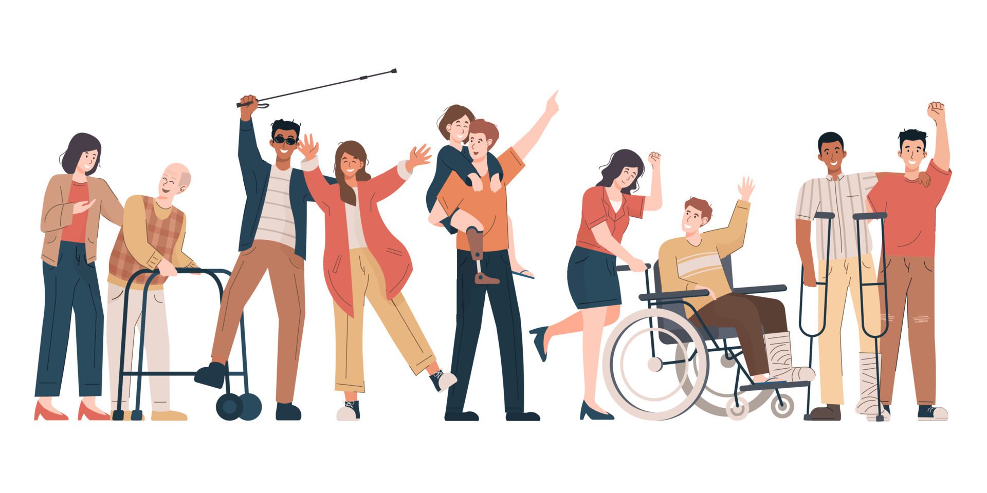 Happy disabled people with their friends and family. Blind man, girl with prosthetic leg, old man with walker, people with wheelchair and crutches Free Vector and Free SVG