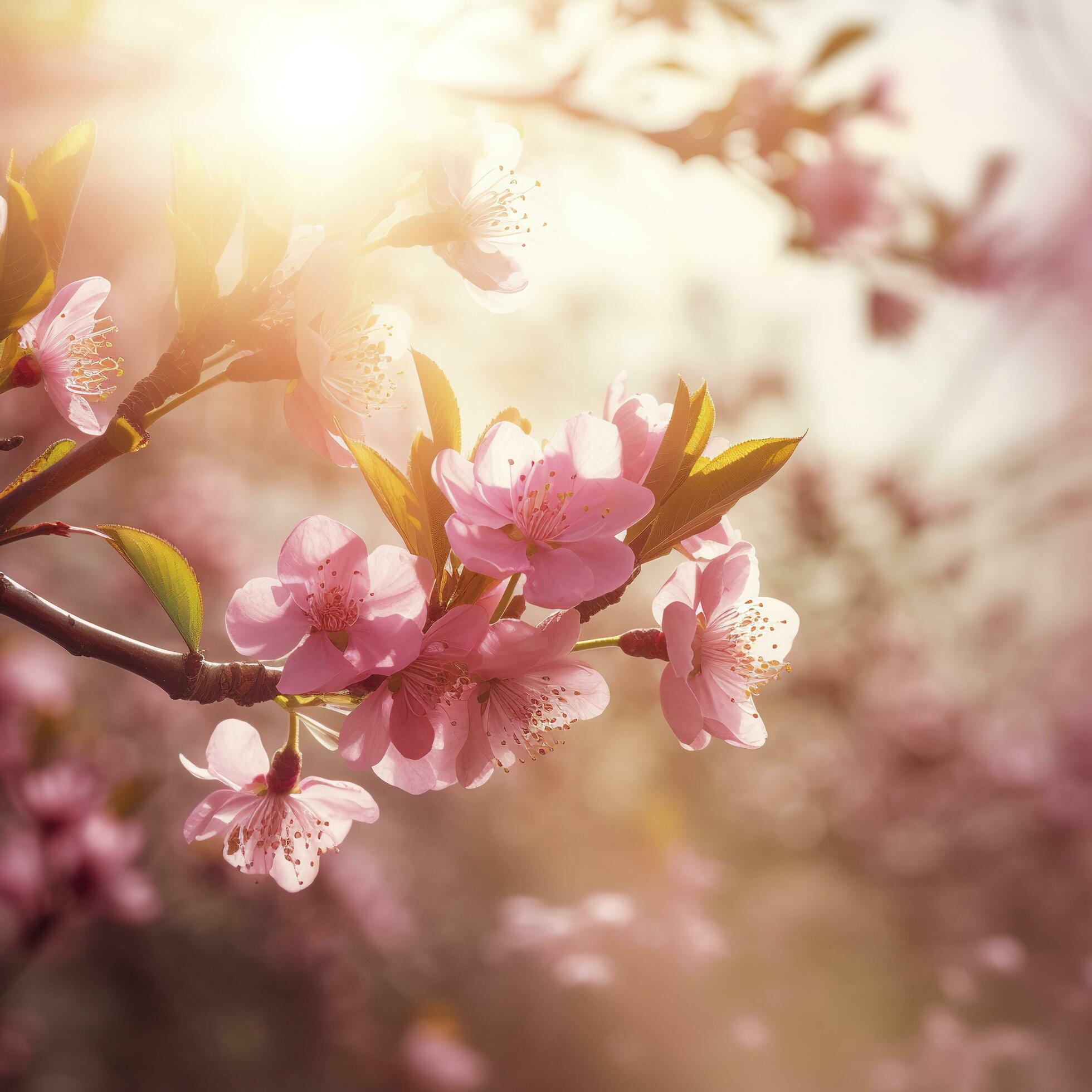 Spring border or background art with pink blossom. Beautiful nature scene with blooming tree and sun flare , generat ai Stock Free