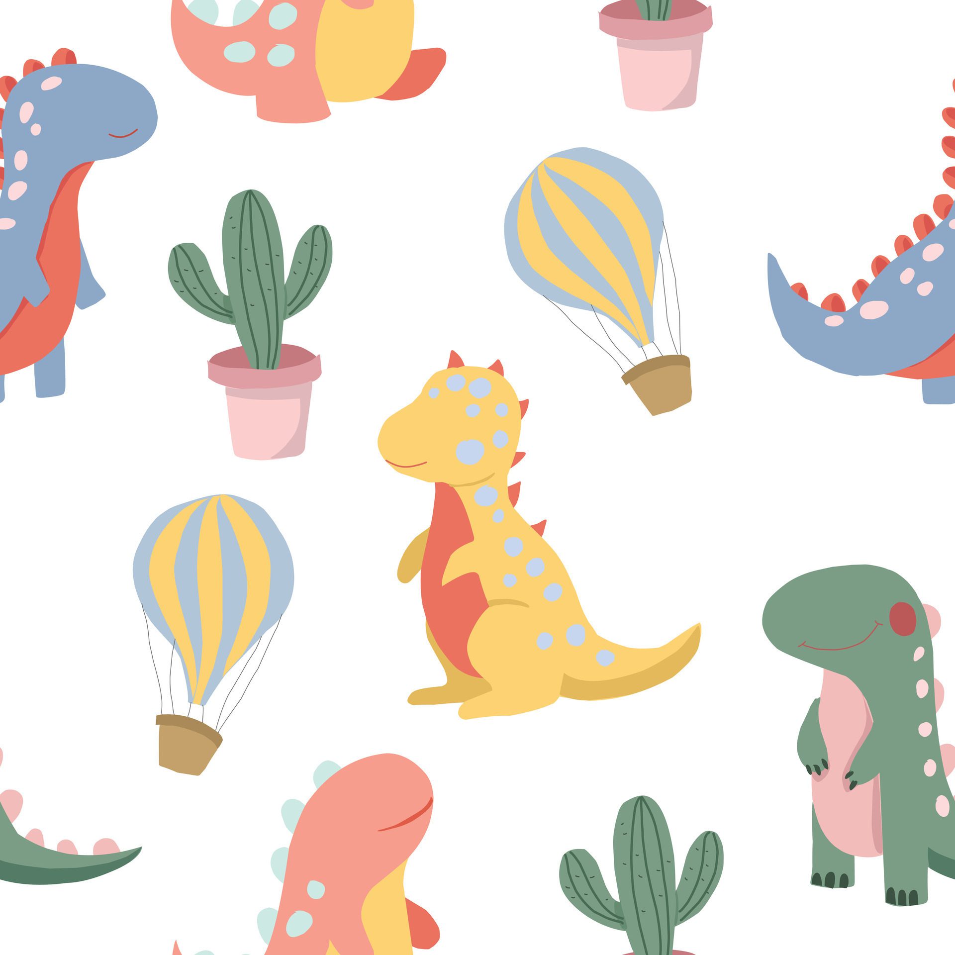 Cute Colorful Dinosaur Cartoon Seamless Pattern Free Vector