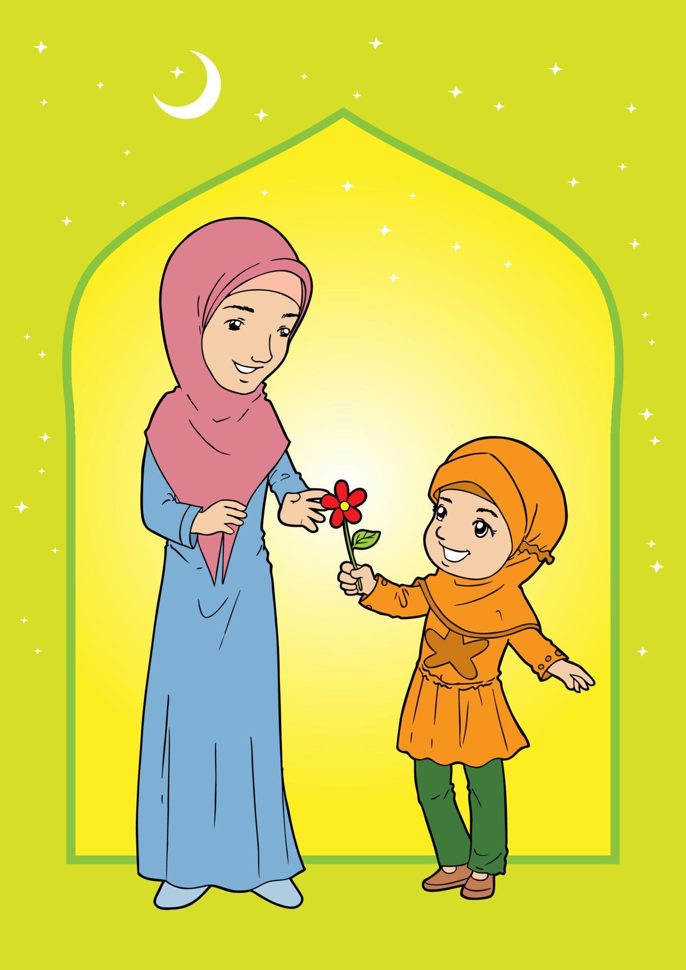 Asian Muslim girl gives flower to mother Stock Free and Free SVG