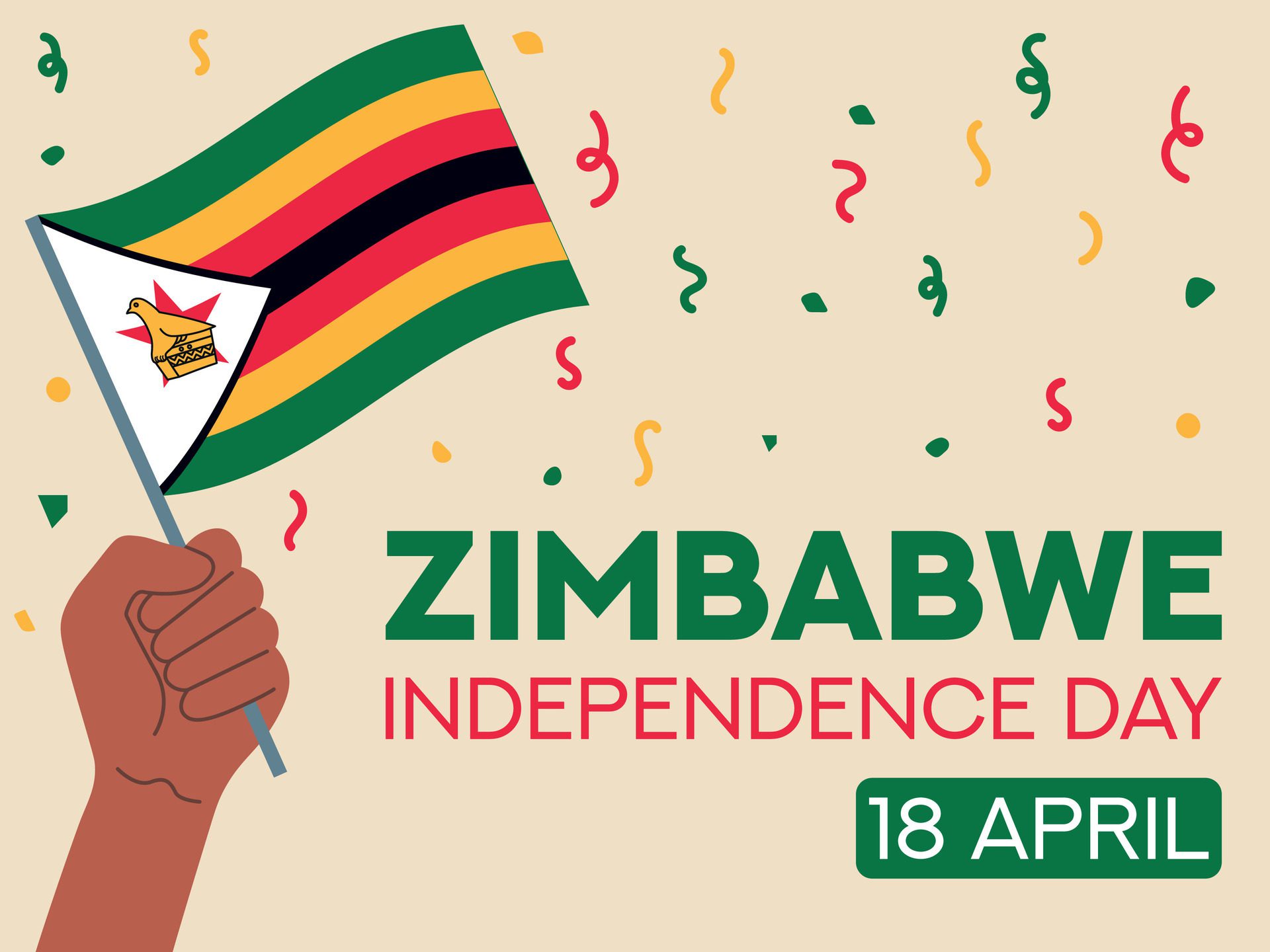 Zimbabwe independence day 18 april. Zimbabwe flag in hand. Greeting card, poster, banner template Free Vector