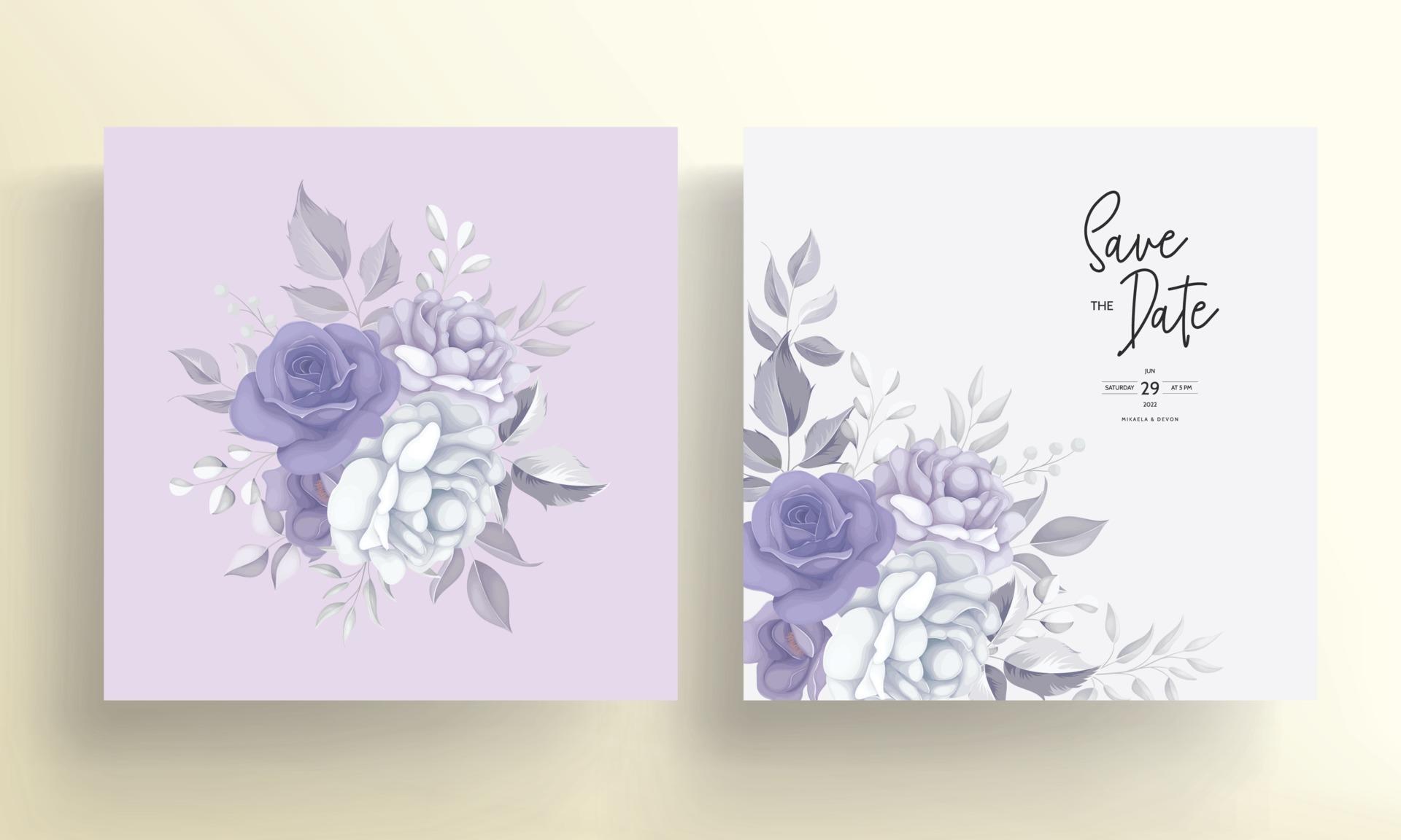 Beautiful wedding invitation card with purple flower decoration Stock Free